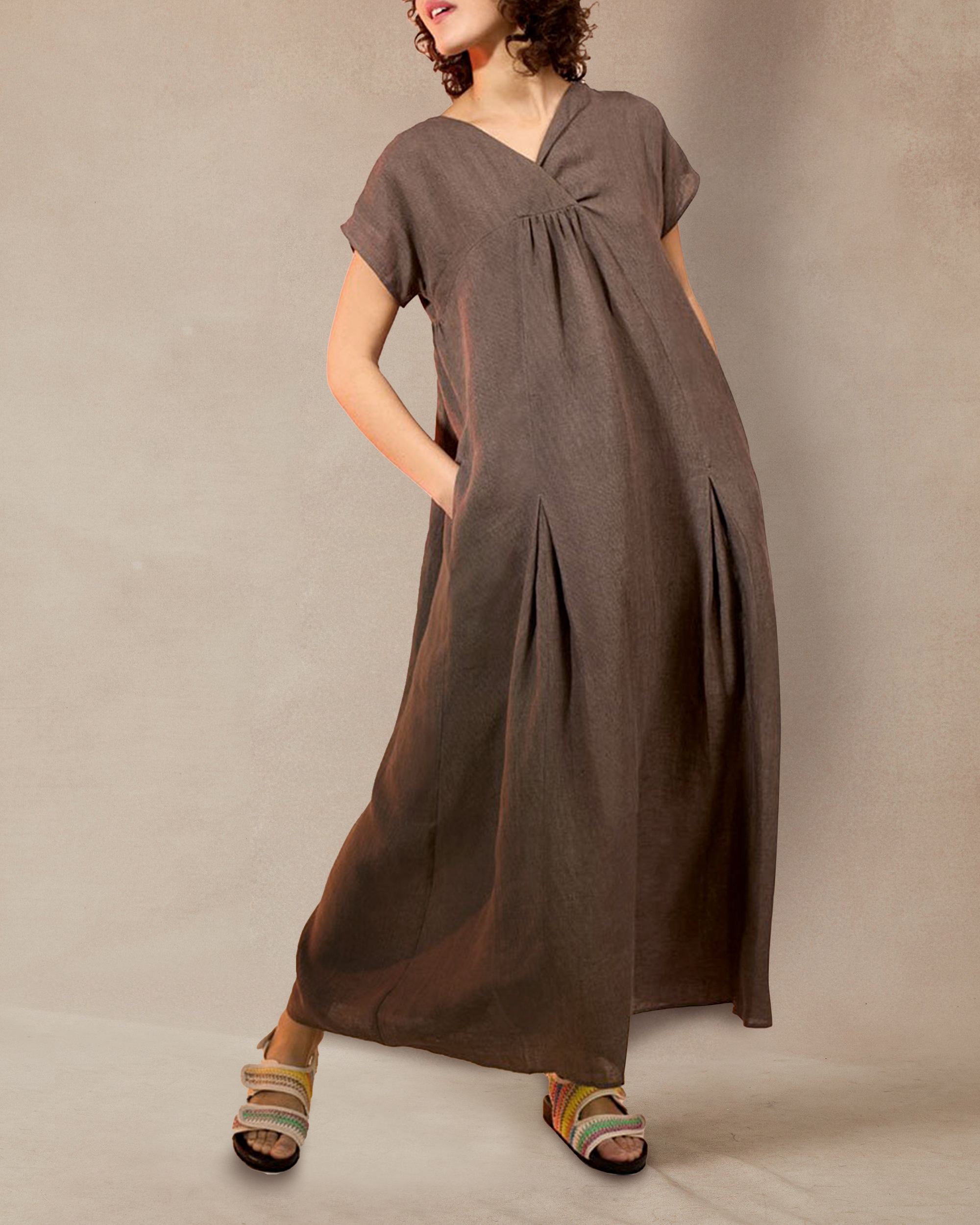 Chic V-Neck Loose Cotton Linen Dress