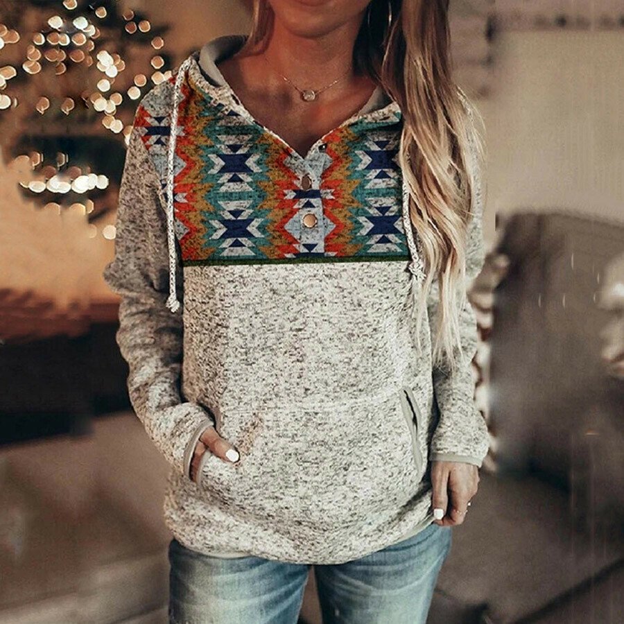 Womens Casual Geometric Print Hoodie Long Sleeve Drawstring Sweatshirt Pullover Tops