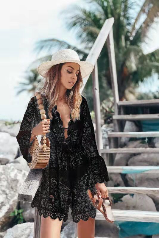 2022 Summer New Floral Lace Cutout Tunic Beach Dress