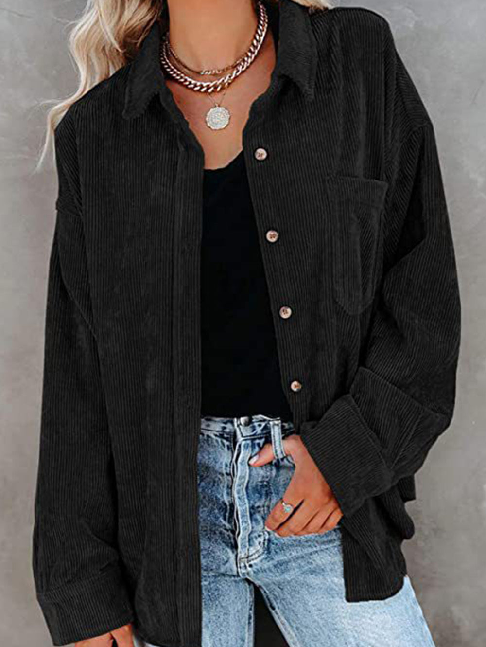 Ladies Corduroy Casual Loose Pocket Long Sleeve Shirt