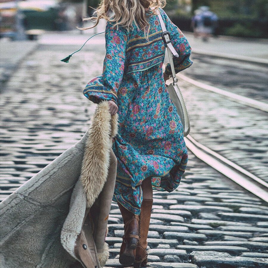 Cowgirl  Boho Printed Floral Long Sleeve Maxi Dress