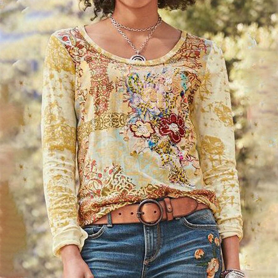 Ladies Retro Western Print Long Sleeve Top