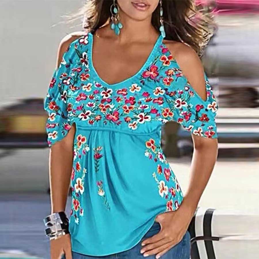 Women's Loose V-Neck Floral Printed Strapless Short Sleeve T-Shirt