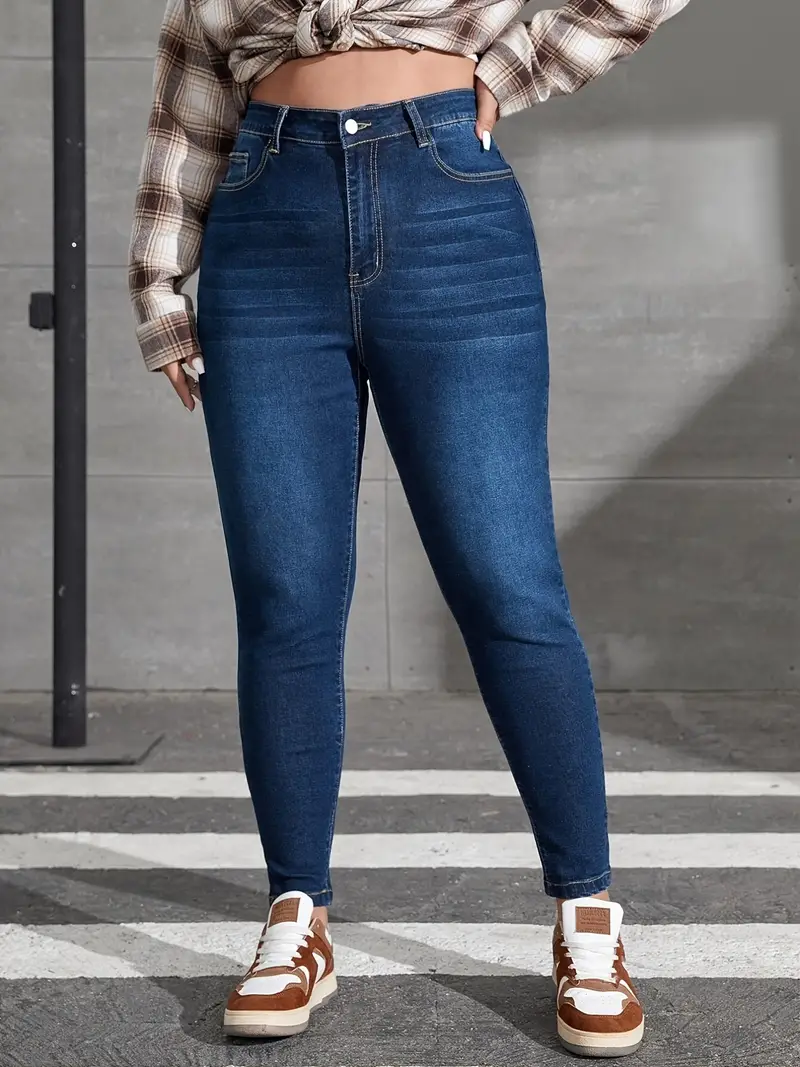 Plus Size Washed Button Up Skinny Jeans, Women's Plus High Stretch Cas