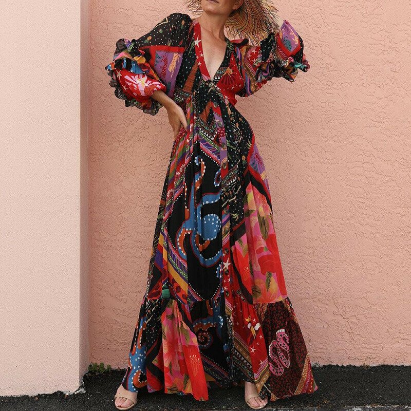Printed Bohemian V-Neck Long Sleeve Dress