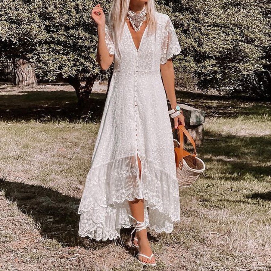 V-Neck Short Sleeve Bohemian Wedding Dress