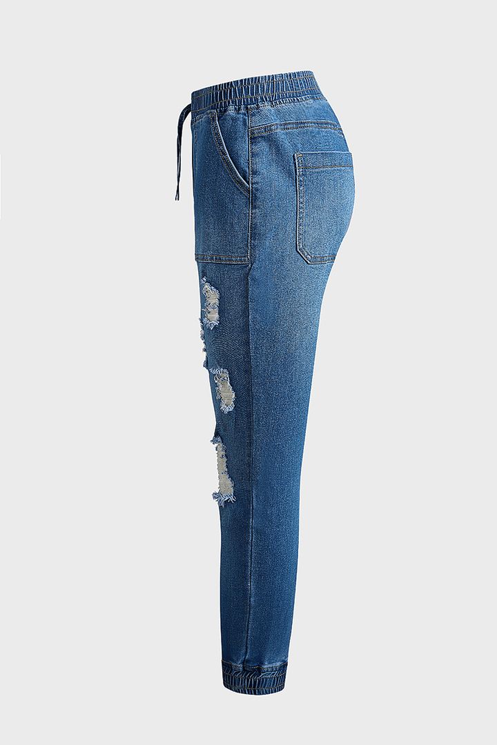Midiross Ripped Drawstring Elastic Waist Pocket Detail Capris Jeans