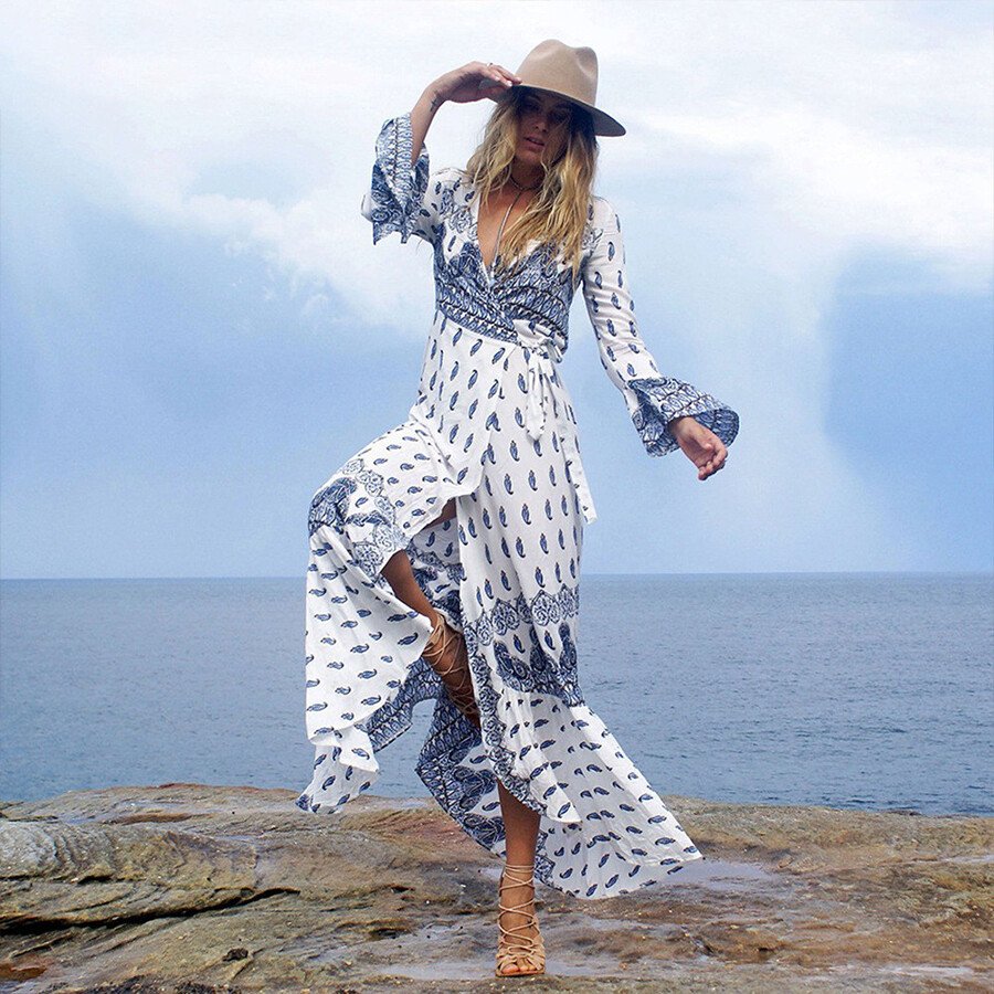 Blue Casual V-Neck High-Rise Dress On White Background