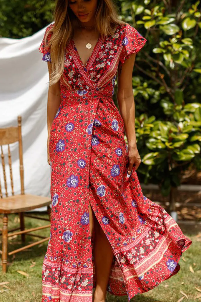 WOMEN'S BOHO V-NECK LONG MAXI DRESS