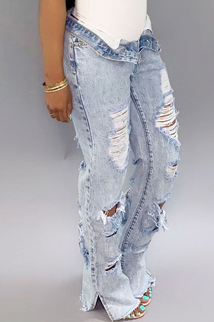Distressed Frayed Split Hem Straight Leg Jeans
