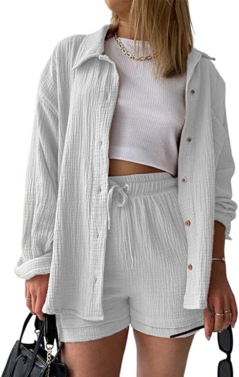 Long Sleeve Solid Color Shirt Shorts Set