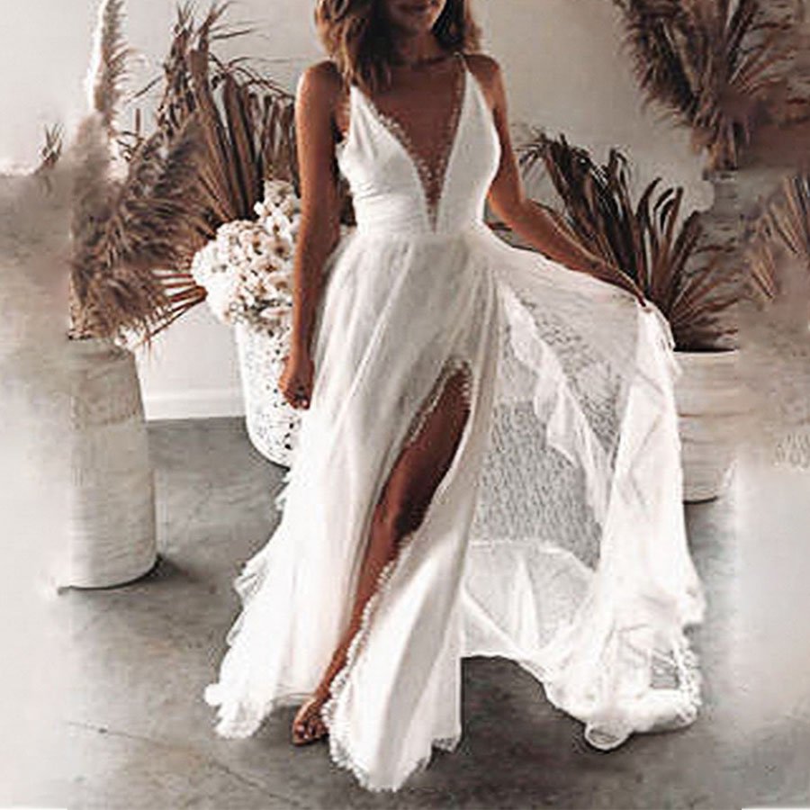 Ladies Temperament Sexy Sling Solid Color Slit Dress