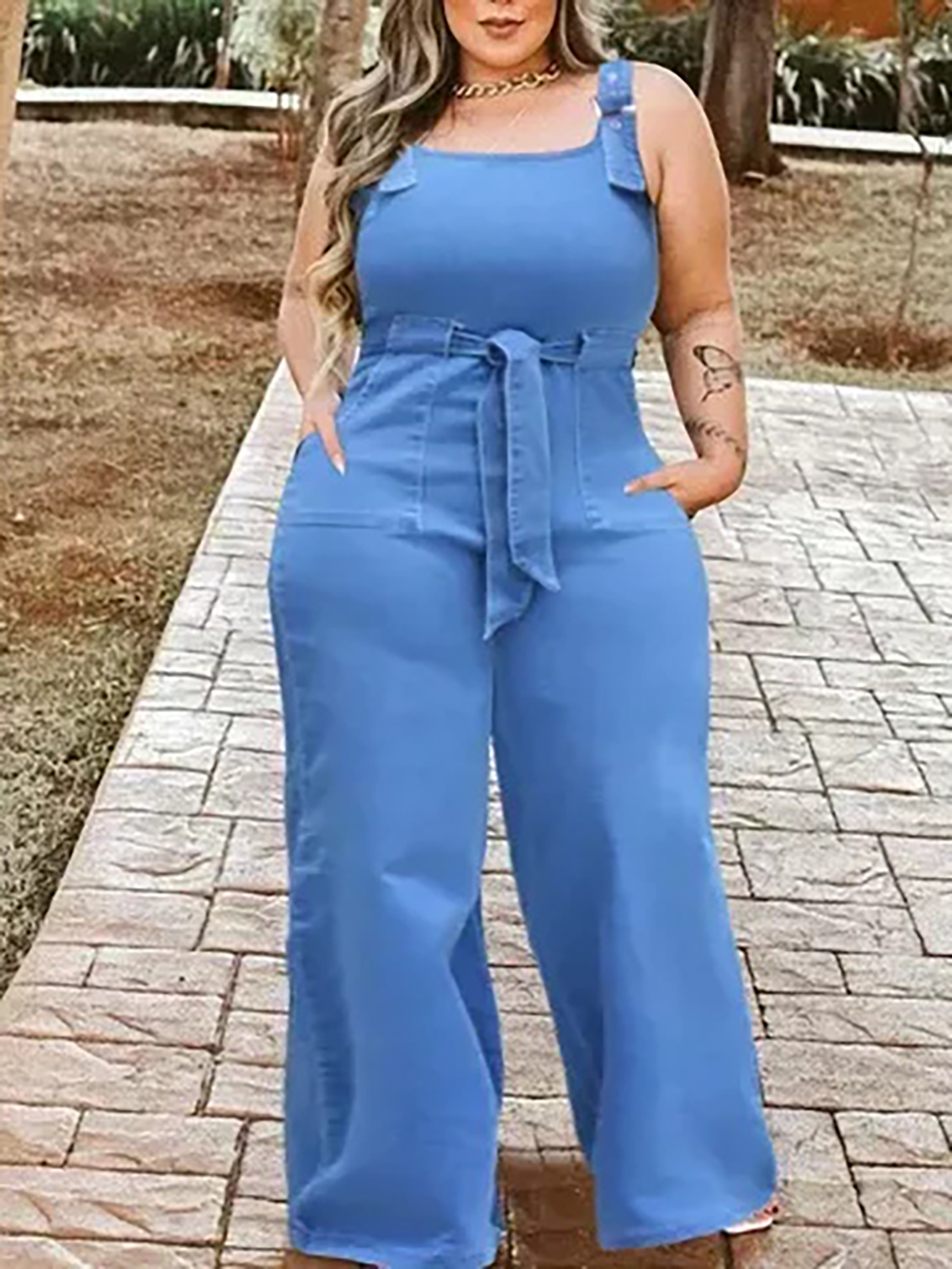 Midiross Eyelet Buckle Detail Belted Tank Denim Jumpsuit
