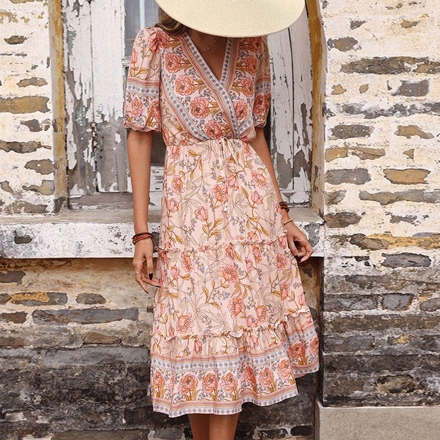 Boho V-Neck Floral Long Dress