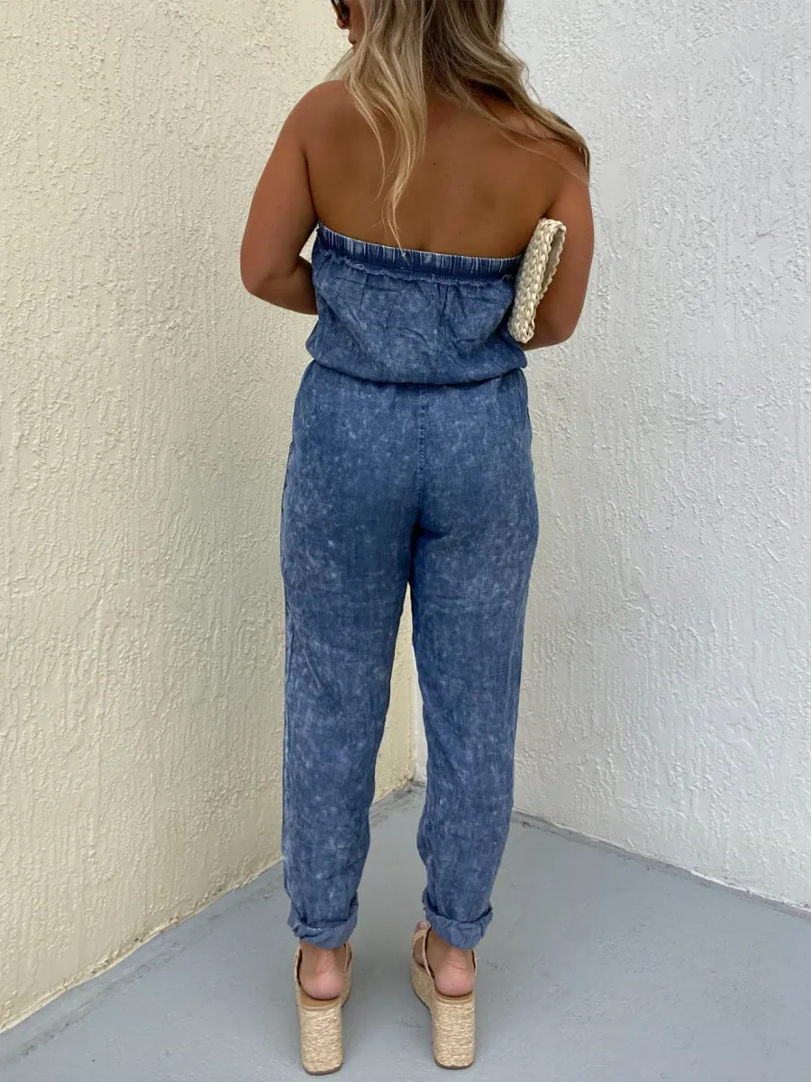WOMEN'S STRAPLESS DENIM JUMPSUIT