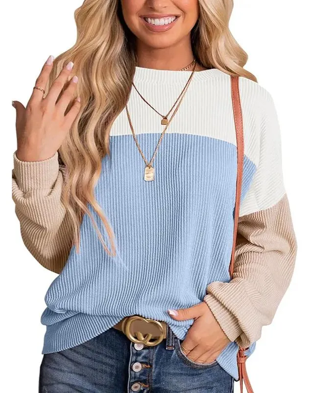 🔥🔥🔥🔥Women's Crewneck Color Block Ribbed Tops