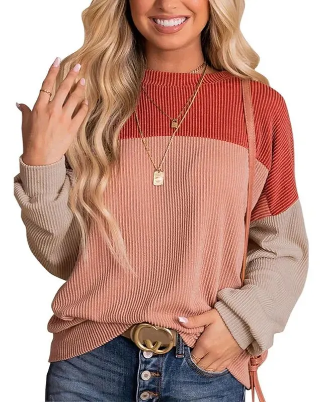 🔥🔥🔥🔥Women's Crewneck Color Block Ribbed Tops