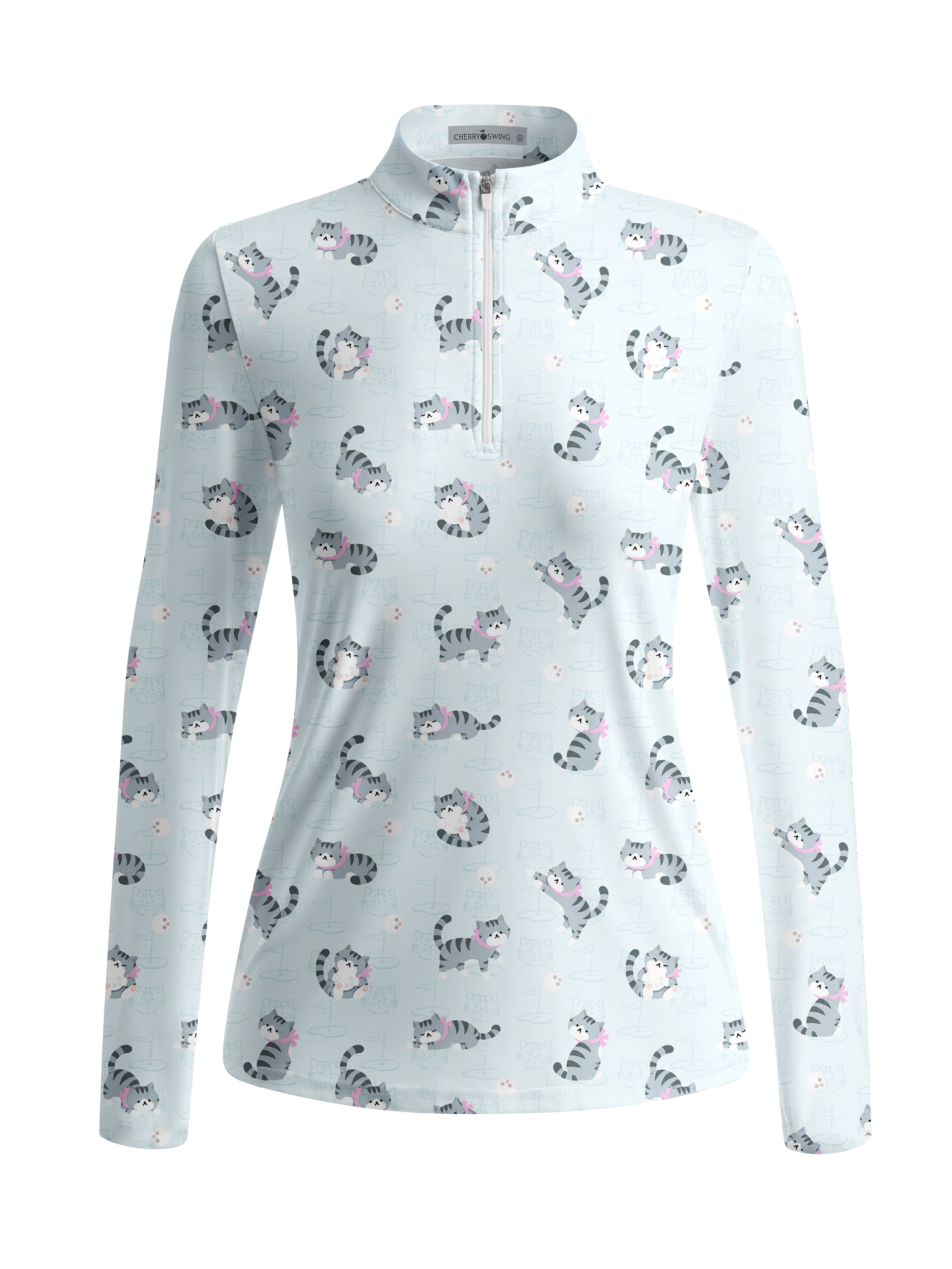 Cherryswing Women's Playful Cat Novelty Print Long Sleeve Golf Shirt