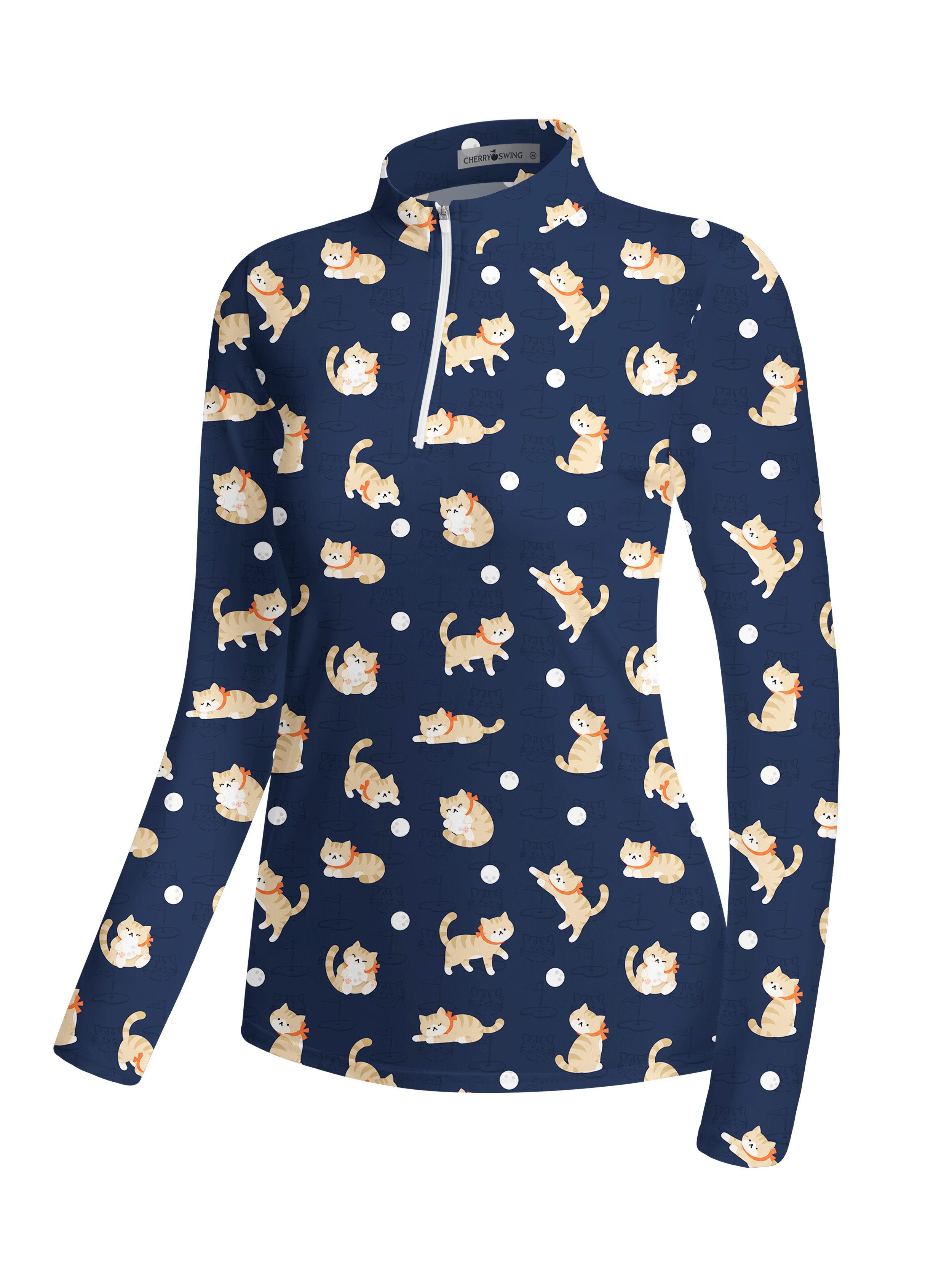 Cherryswing Women's Playful Cat Novelty Print Long Sleeve Golf Shirt
