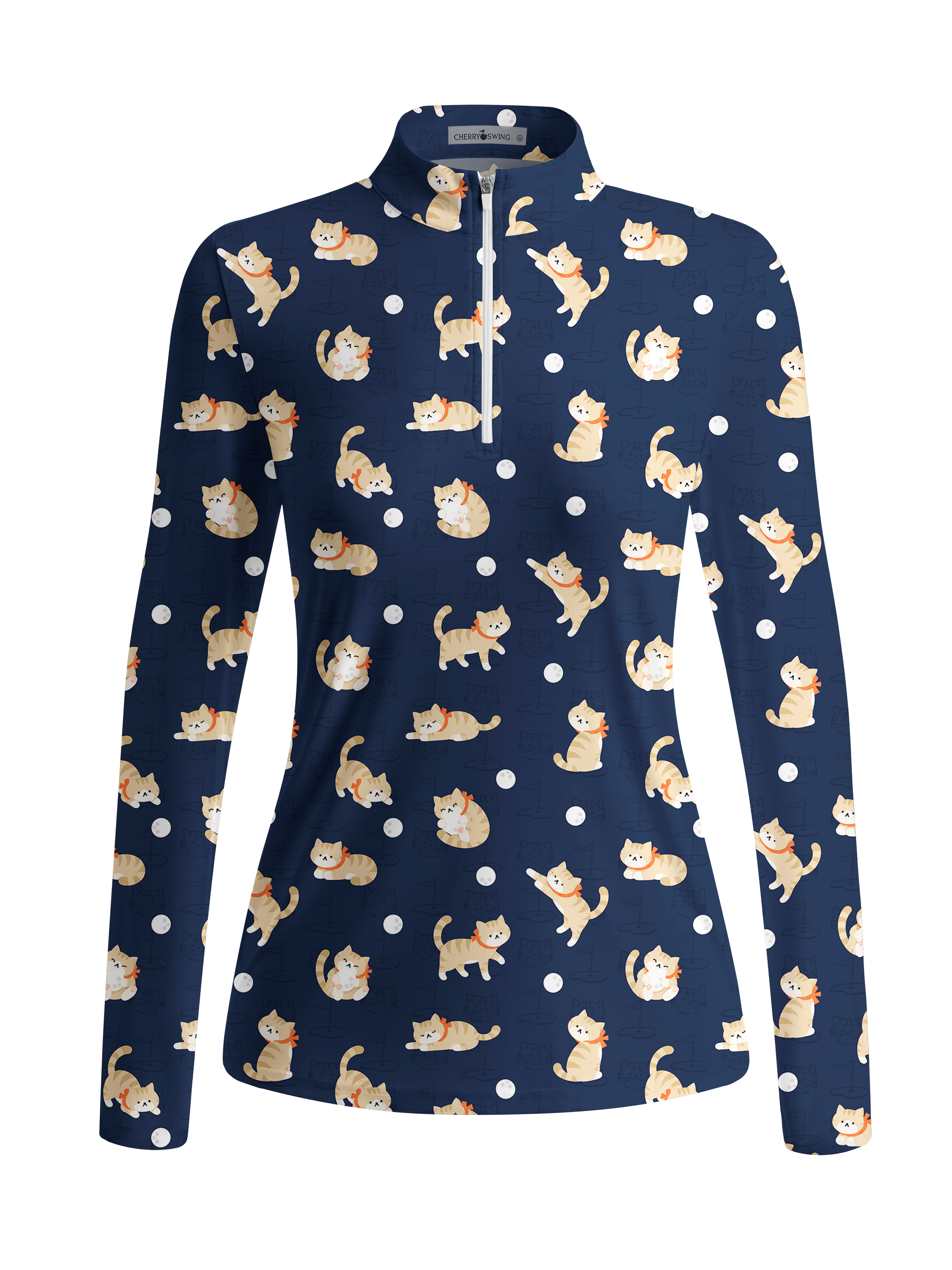 Cherryswing Women's Playful Cat Novelty Print Long Sleeve Golf Shirt