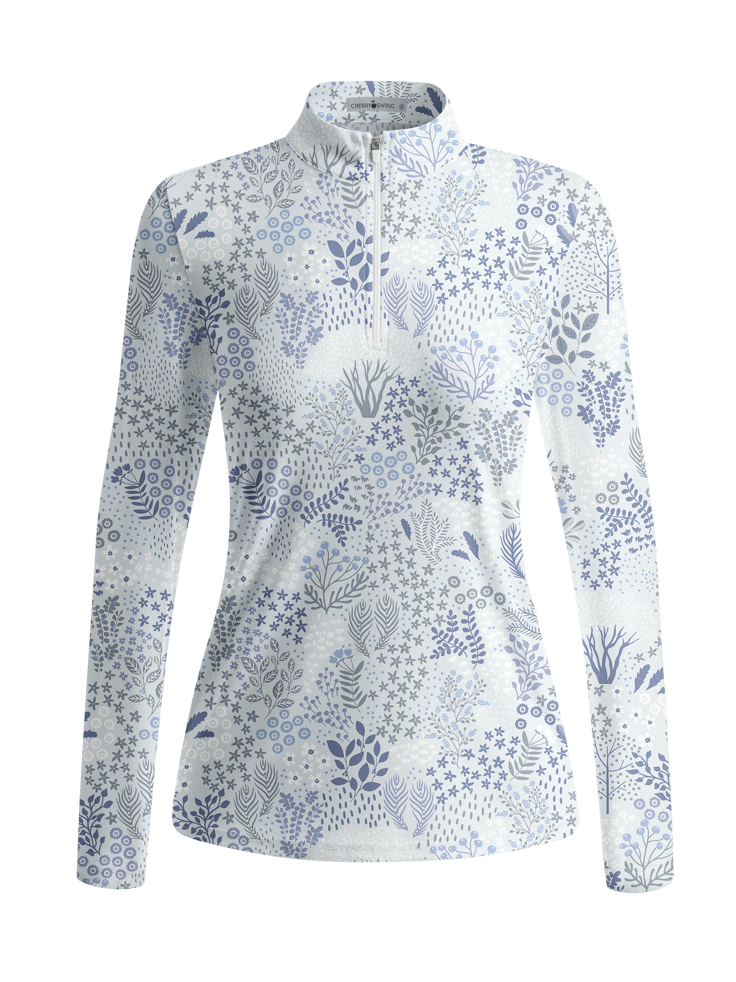 Cherryswing Women's Blue Botanical Print Long Sleeve Golf Shirt