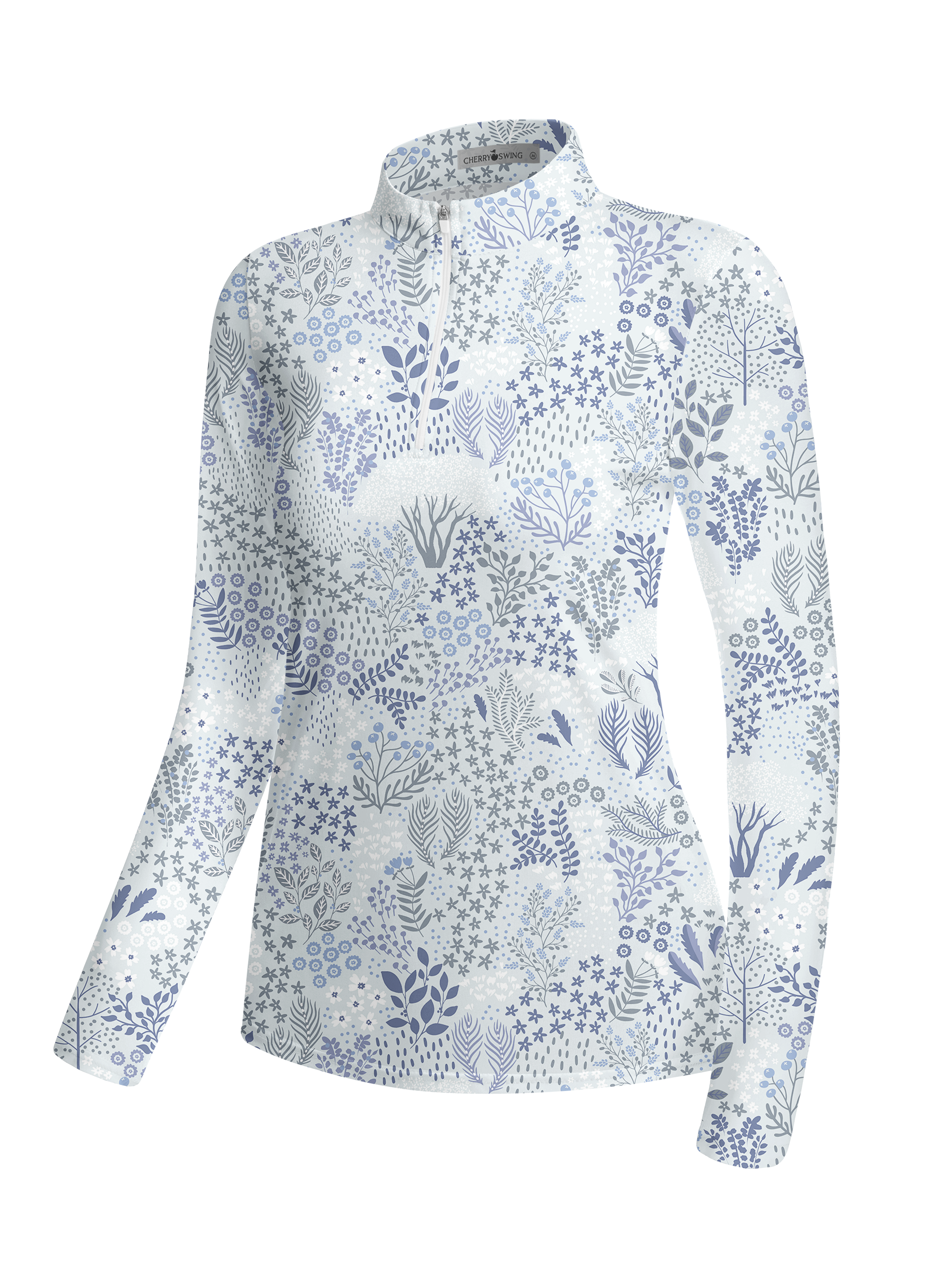 Cherryswing Women's Blue Botanical Print Long Sleeve Golf Shirt