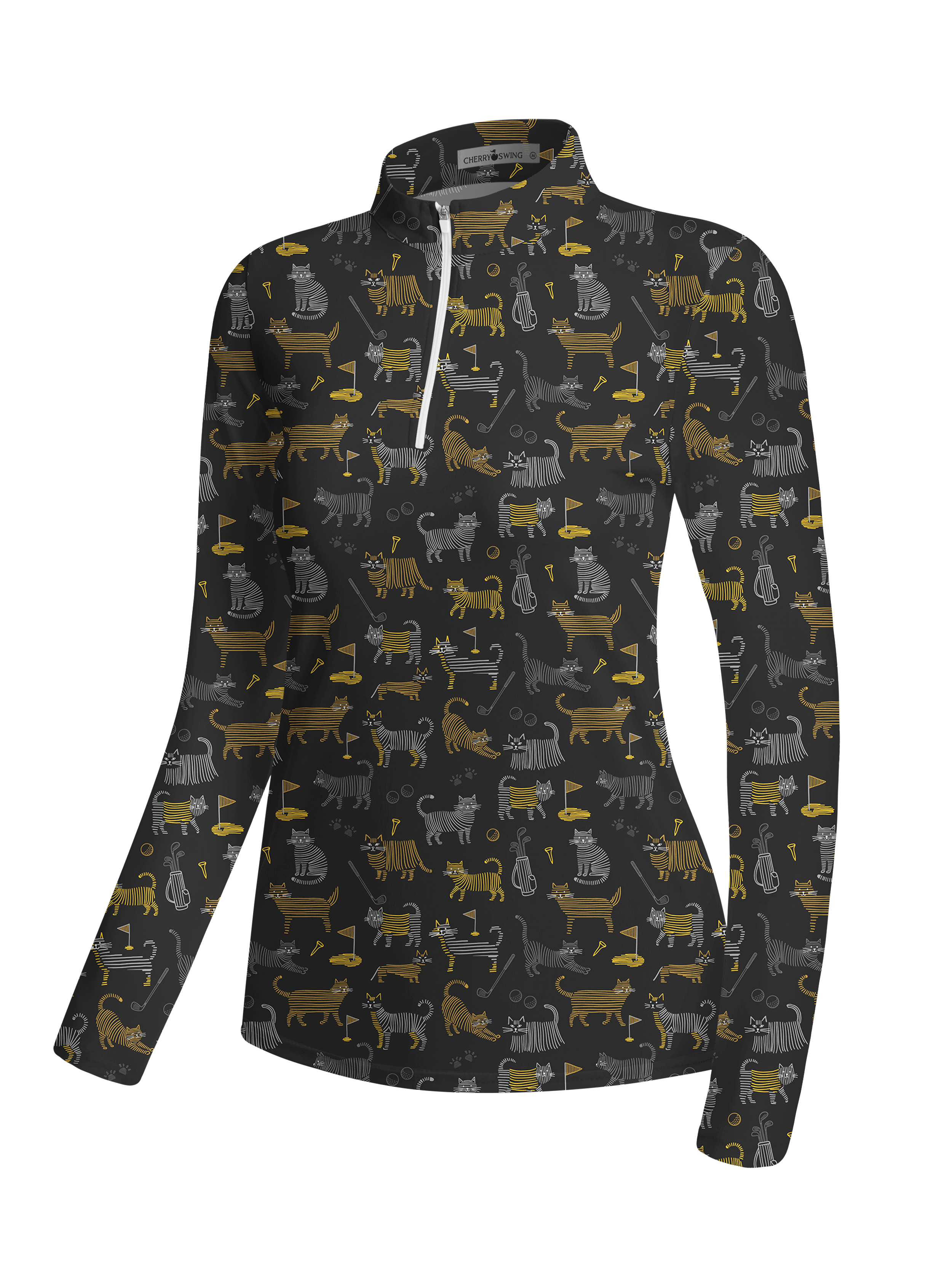 Cherryswing Women's Whimsical Golf Cat Line Art Long Sleeve Golf Shirt