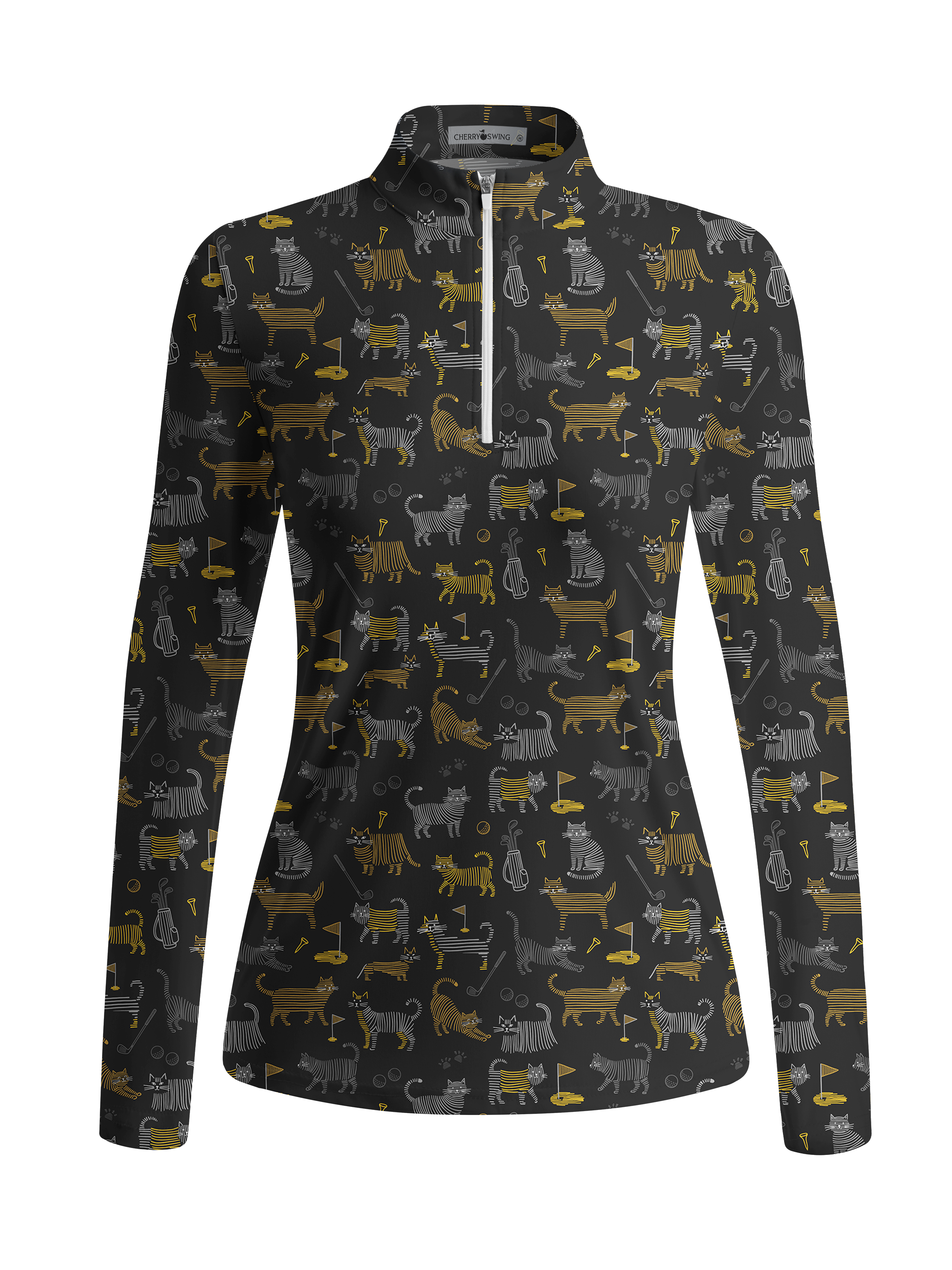Cherryswing Women's Whimsical Golf Cat Line Art Long Sleeve Golf Shirt