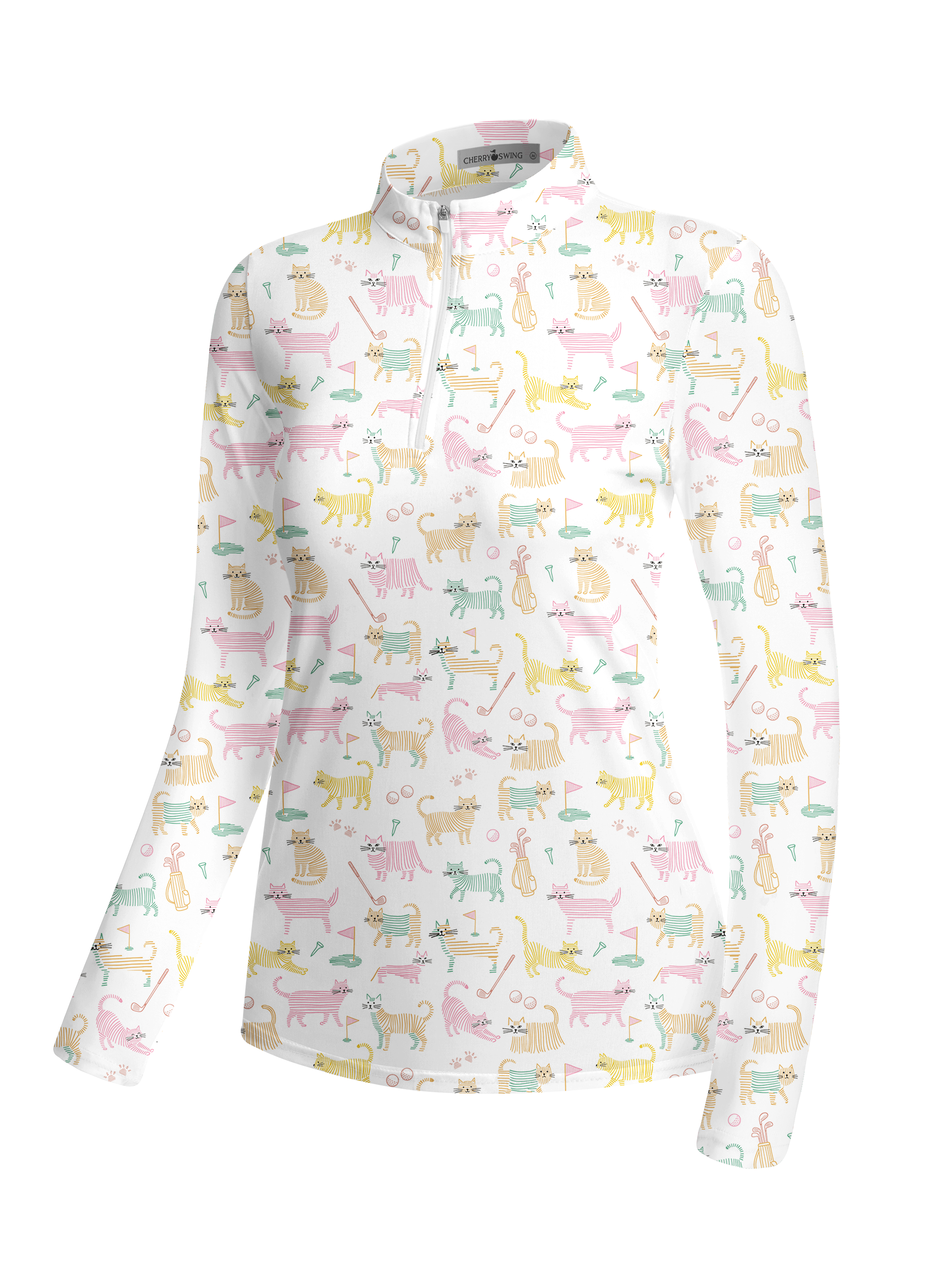 Cherryswing Women's Whimsical Golf Cat Line Art Long Sleeve Golf Shirt