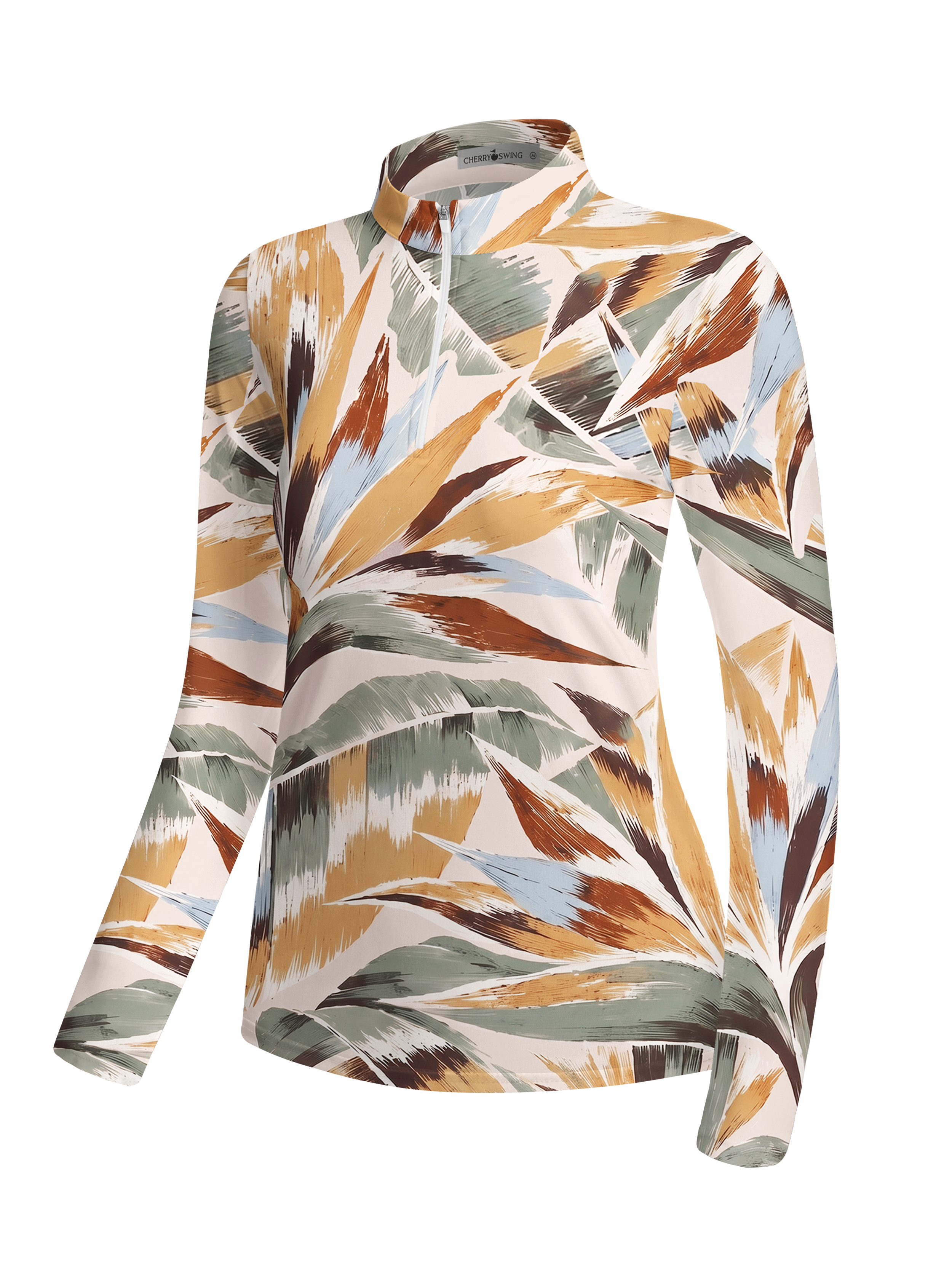 Cherryswing Women's Bold Brushstroke Tropical Leaf Long Sleeve Golf Shirt