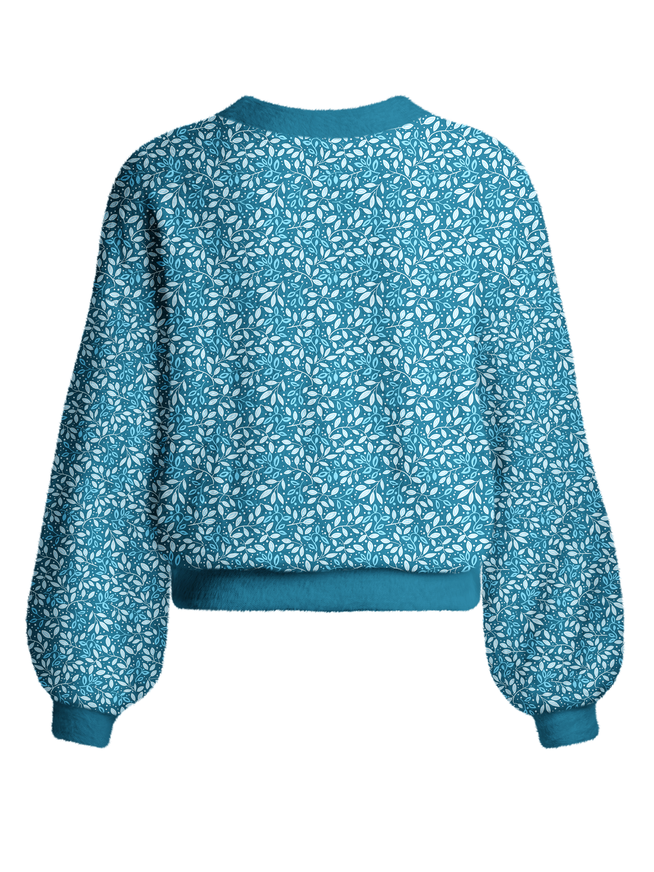 Cherryswing Women's Teal Leaf Motif Fuzzy Knit Golf Cardigan