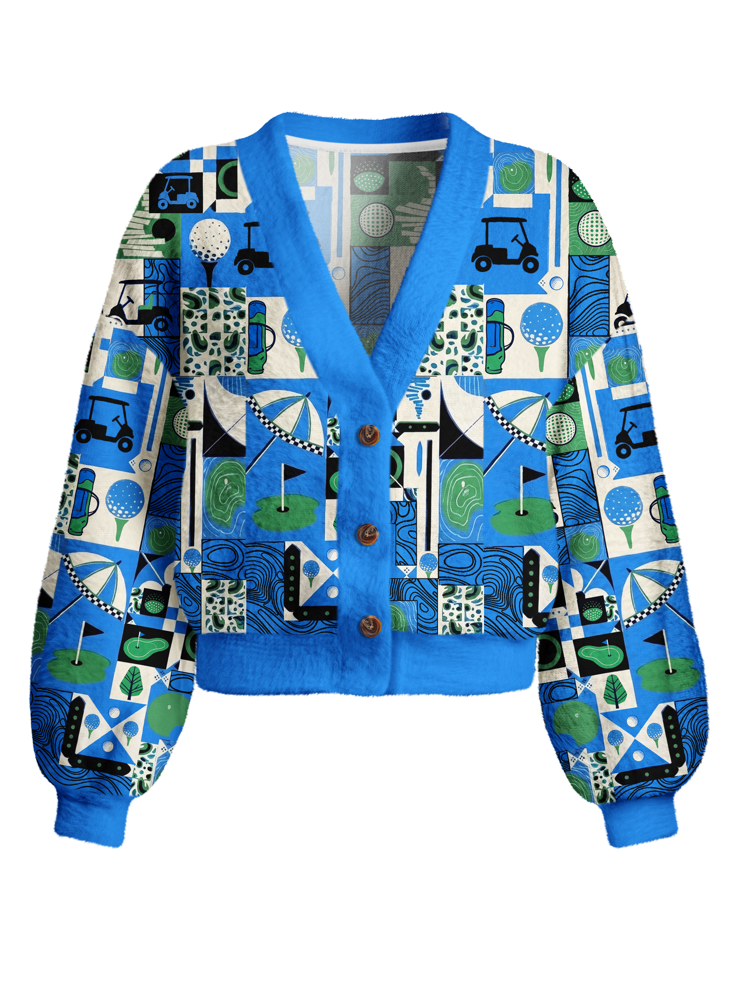 Cherryswing Women's Golf Collage Patchwork Fuzzy Knit Golf Cardigan