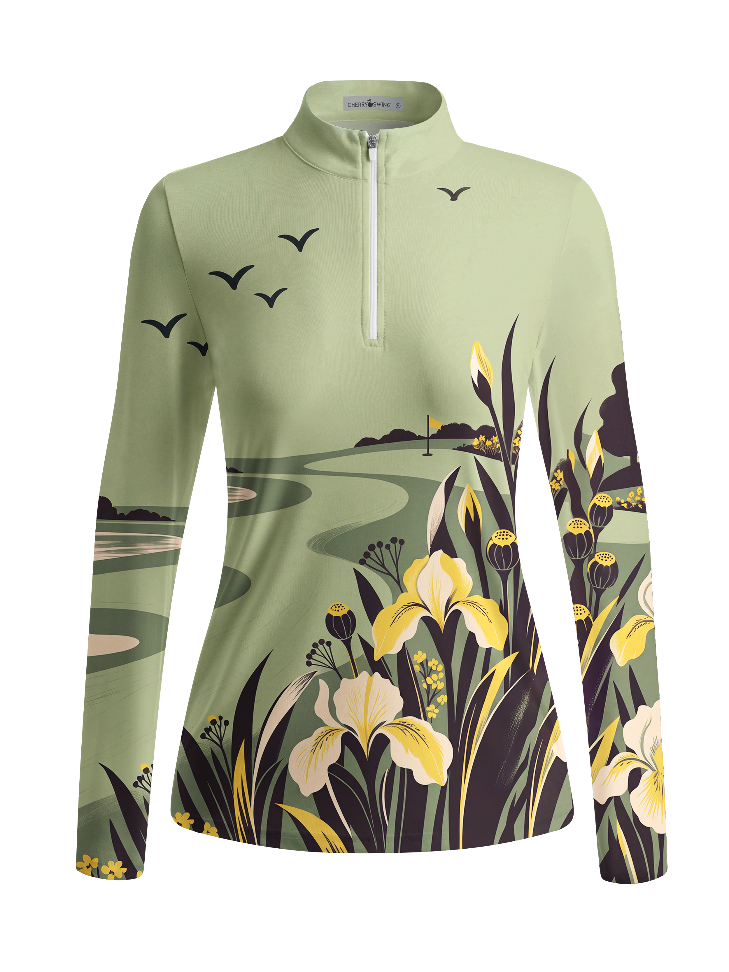 Cherryswing Women's Gradient Color FlowersLong Sleeve Golf Polo