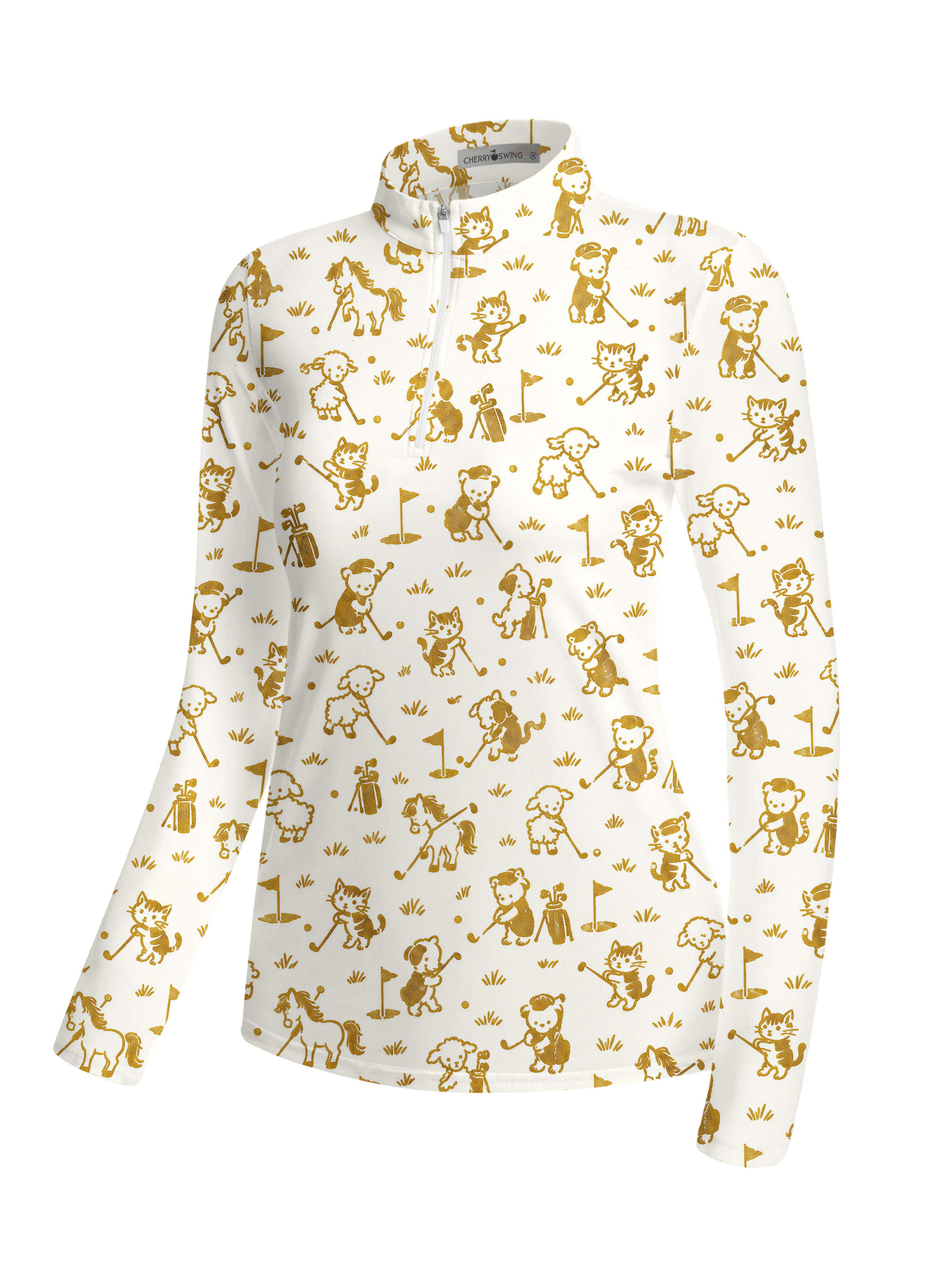 Cherryswing Women's Cute Animal Golfer Toile Print Long Sleeve Golf Shirt
