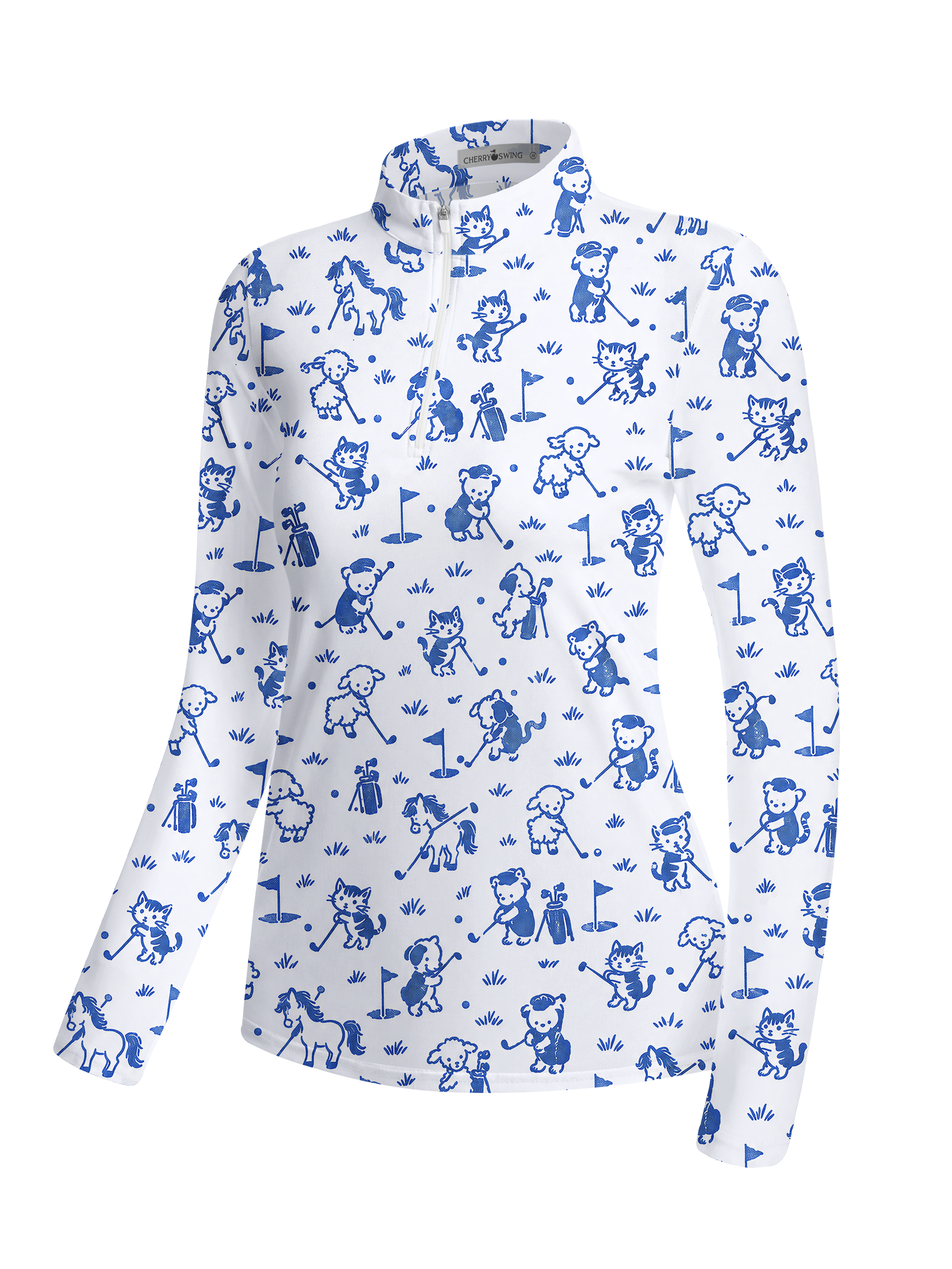 Cherryswing Women's Cute Animal Golfer Toile Print Long Sleeve Golf Shirt