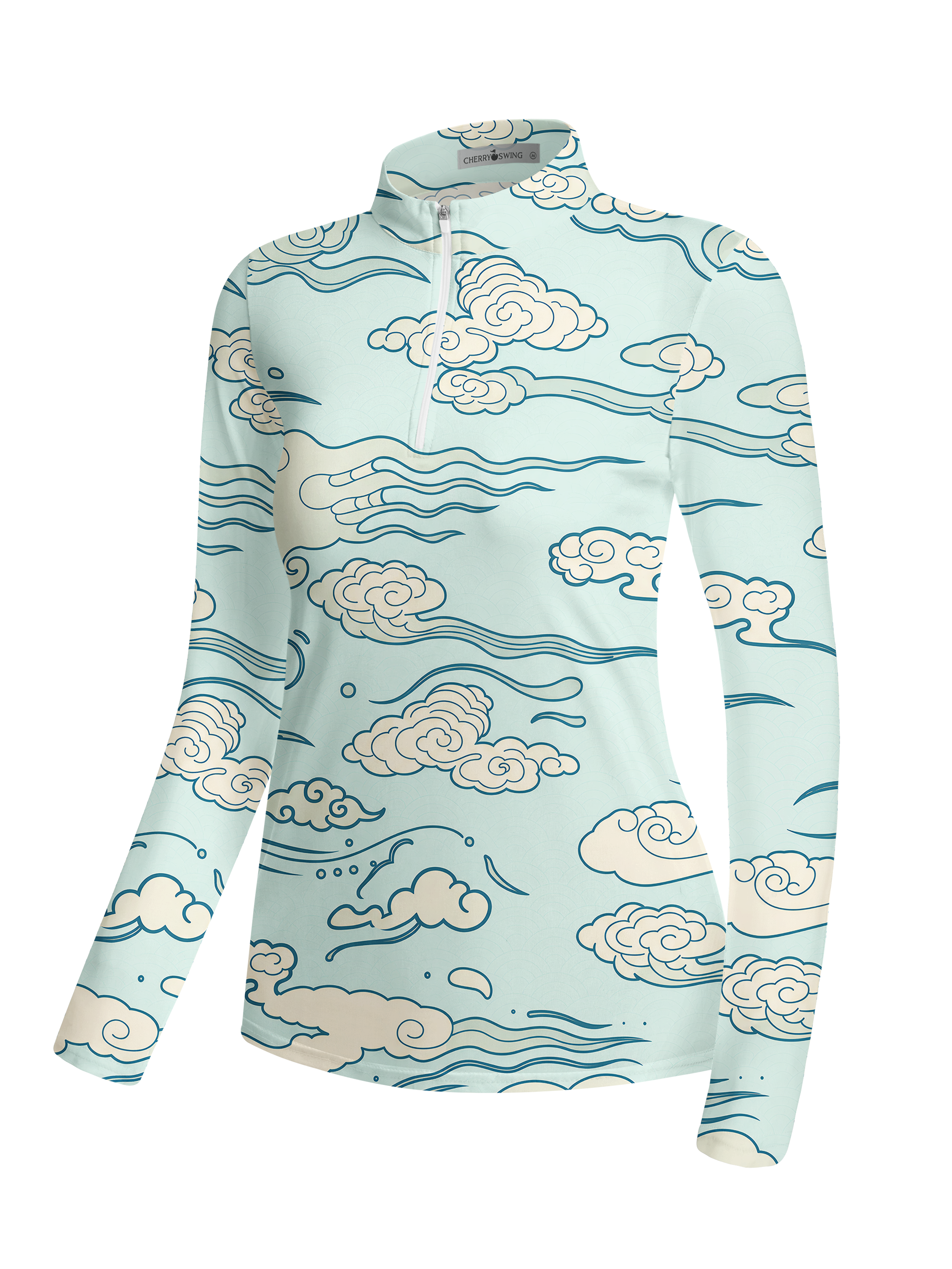 Cherryswing Women's Oriental Cloud and Wave Print Long Sleeve Golf Shirt