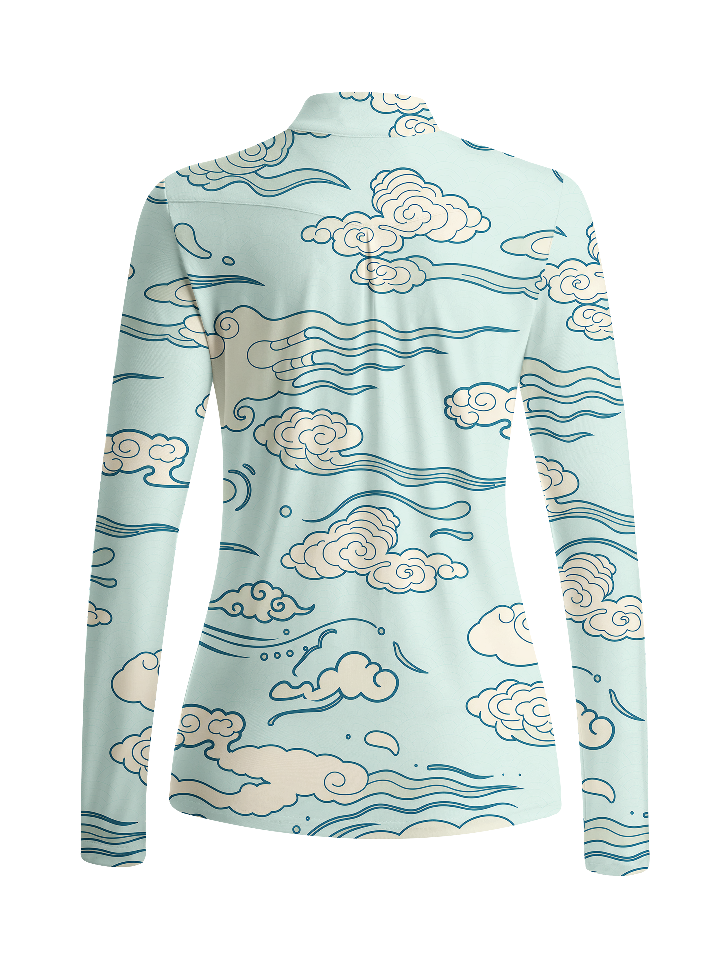Cherryswing Women's Oriental Cloud and Wave Print Long Sleeve Golf Shirt