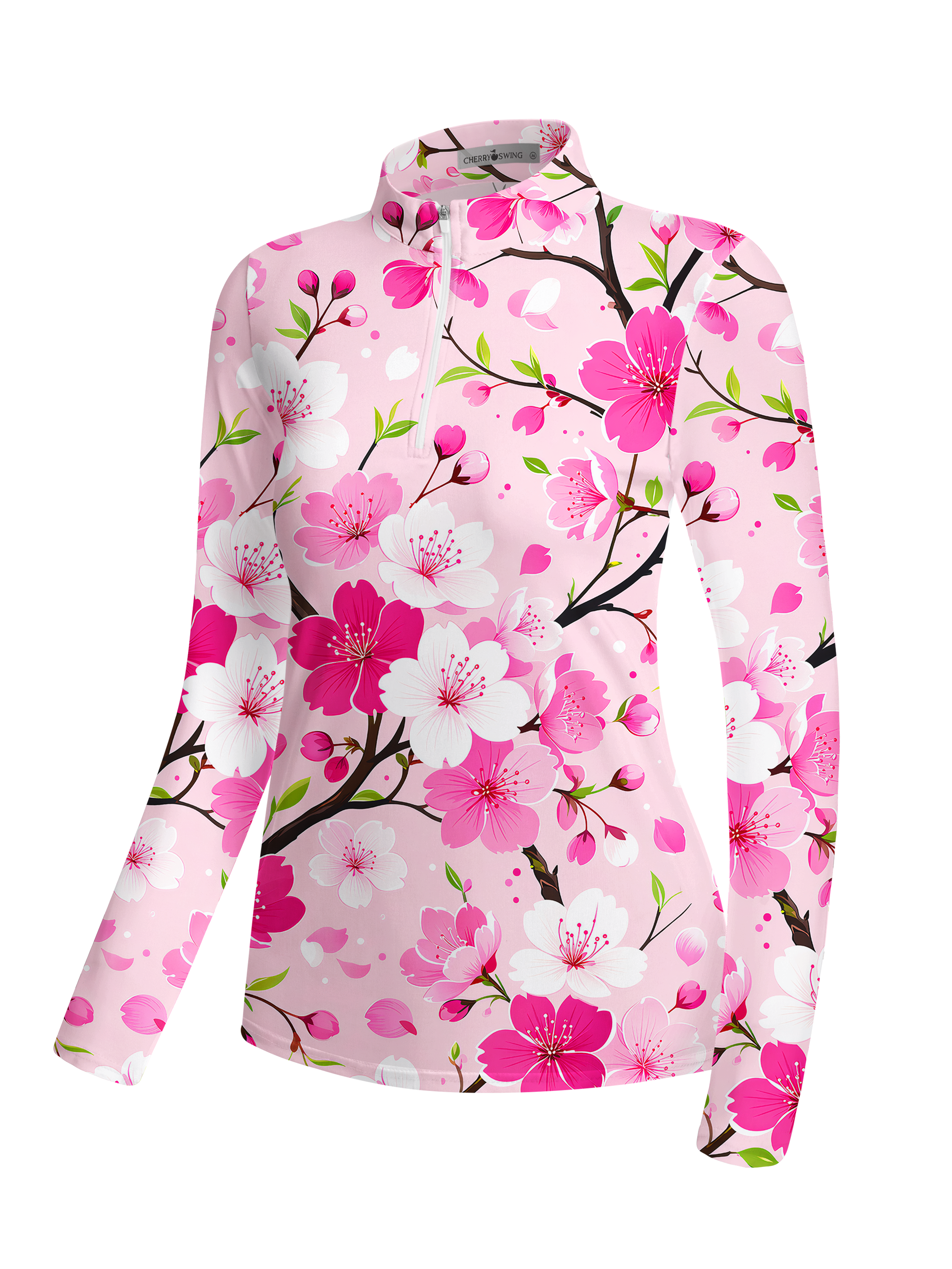 Cherryswing Women's Cherry Blossom Branch Print Long Sleeve Golf Shirt