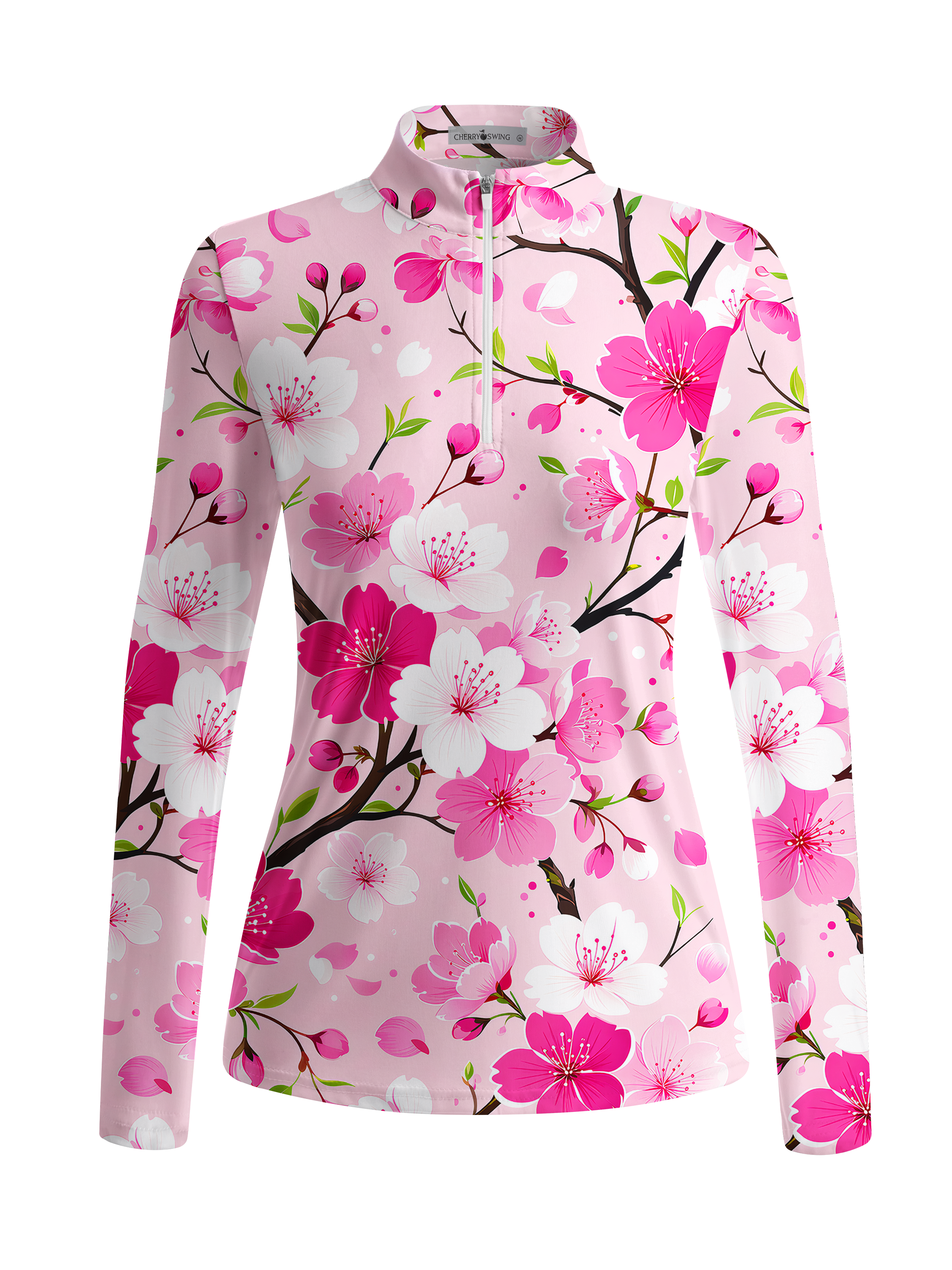 Cherryswing Women's Cherry Blossom Branch Print Long Sleeve Golf Shirt