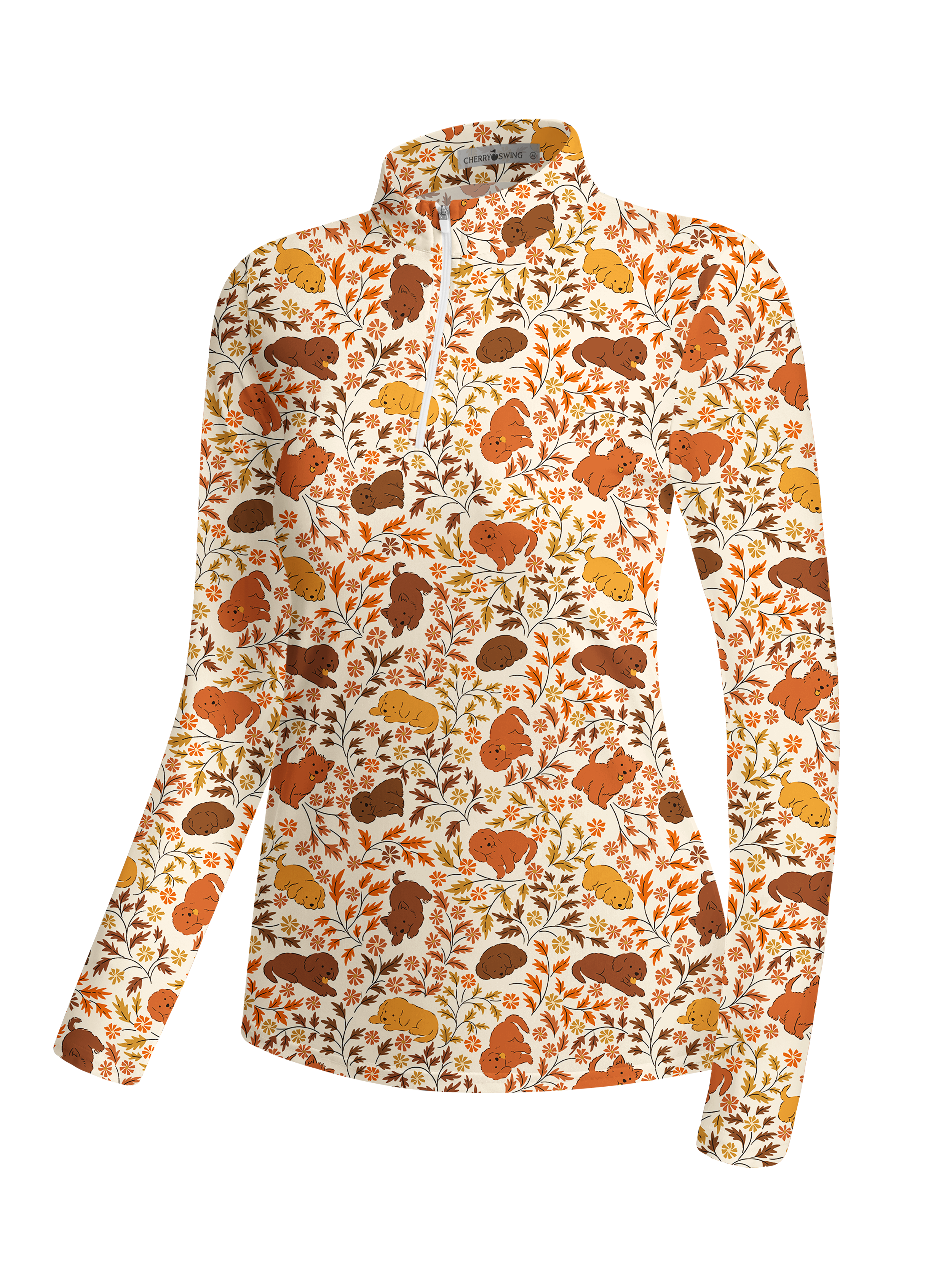 Cherryswing Women's Puppy and Leaf Print Long Sleeve Golf Shirt