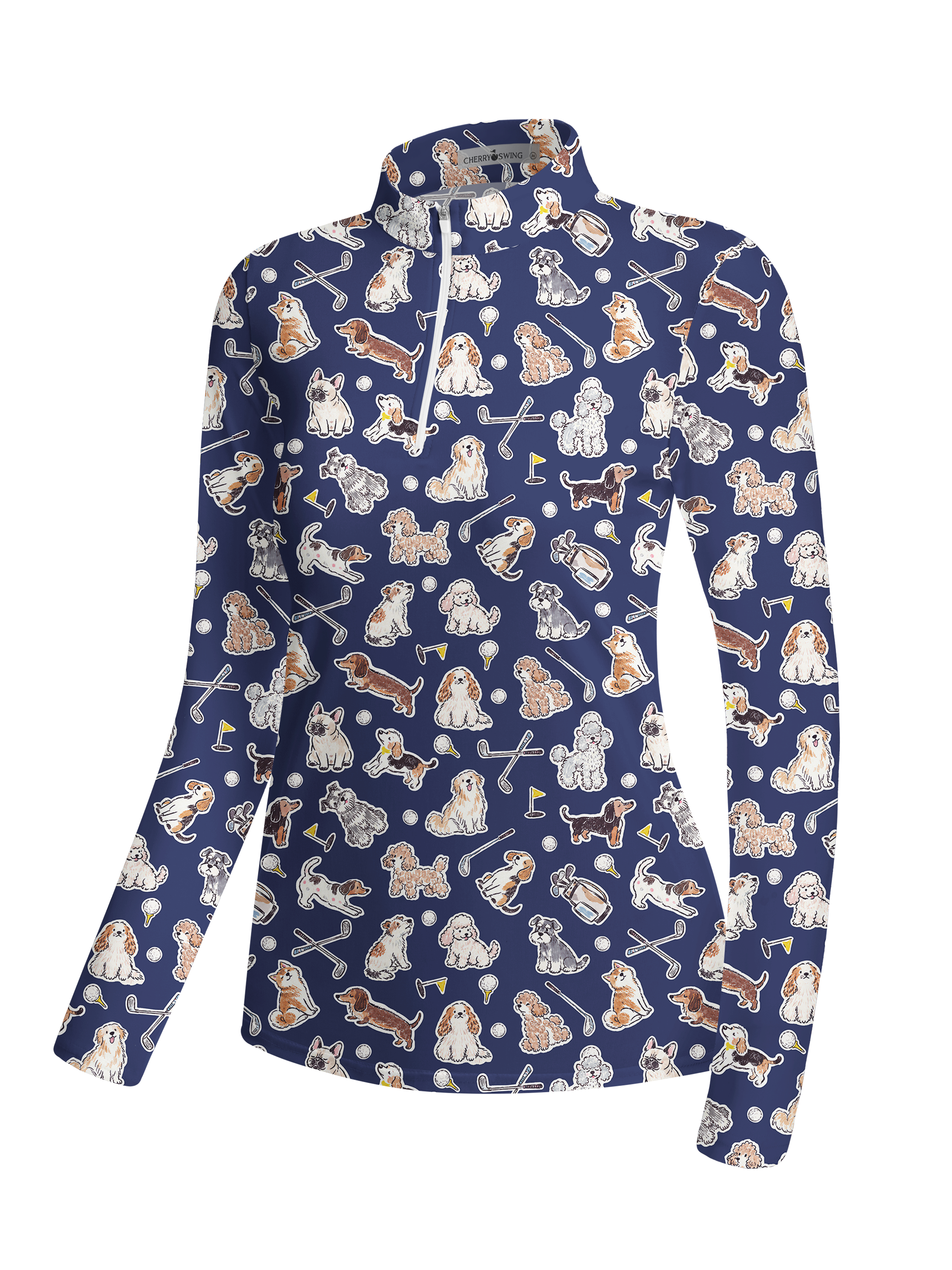 Cherryswing Women's Playful Pups and Golf Gear Print Long Sleeve Polo Shirt