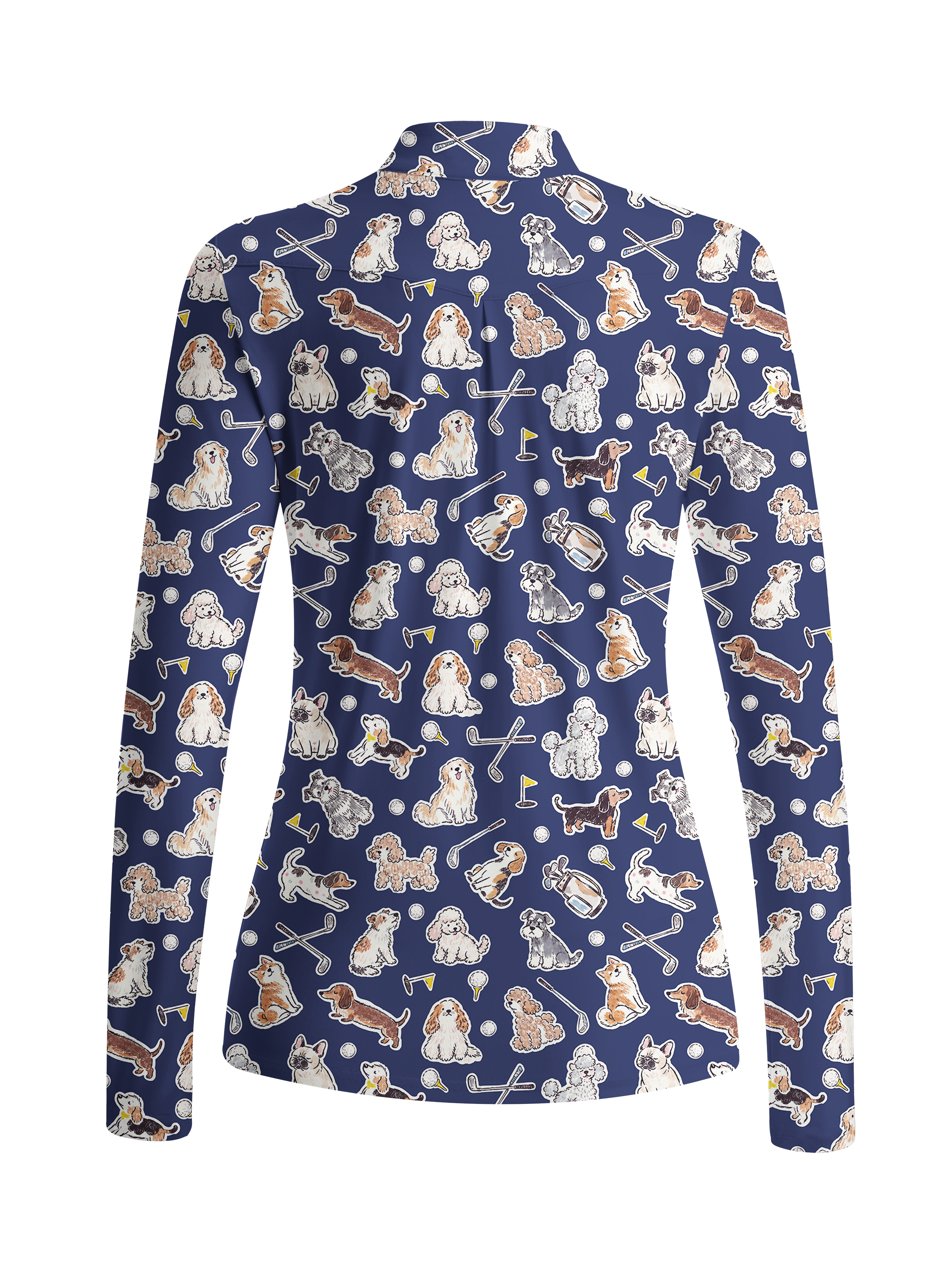 Cherryswing Women's Playful Pups and Golf Gear Print Long Sleeve Polo Shirt