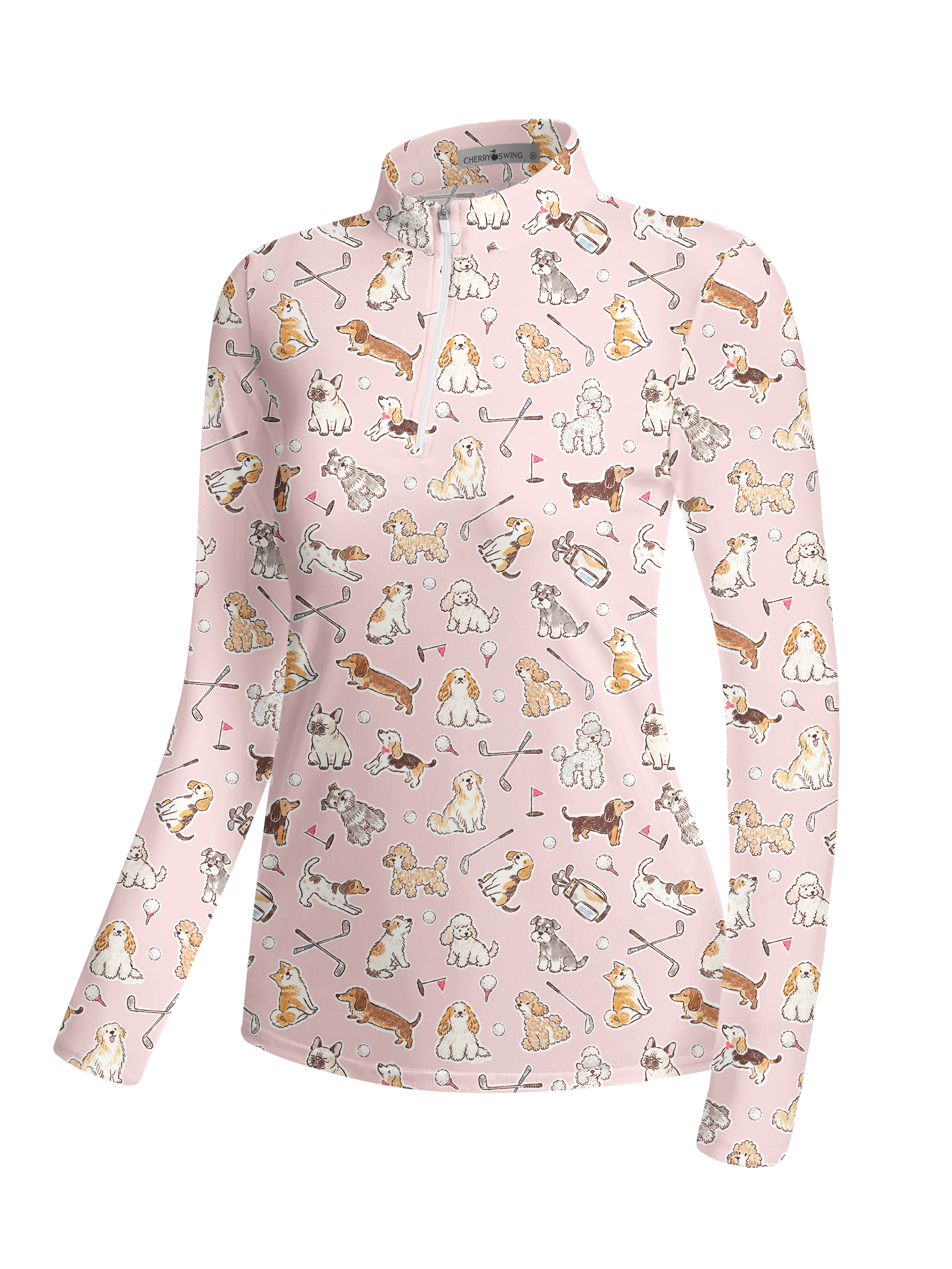 Cherryswing Women's Playful Pups and Golf Gear Print Long Sleeve Polo Shirt