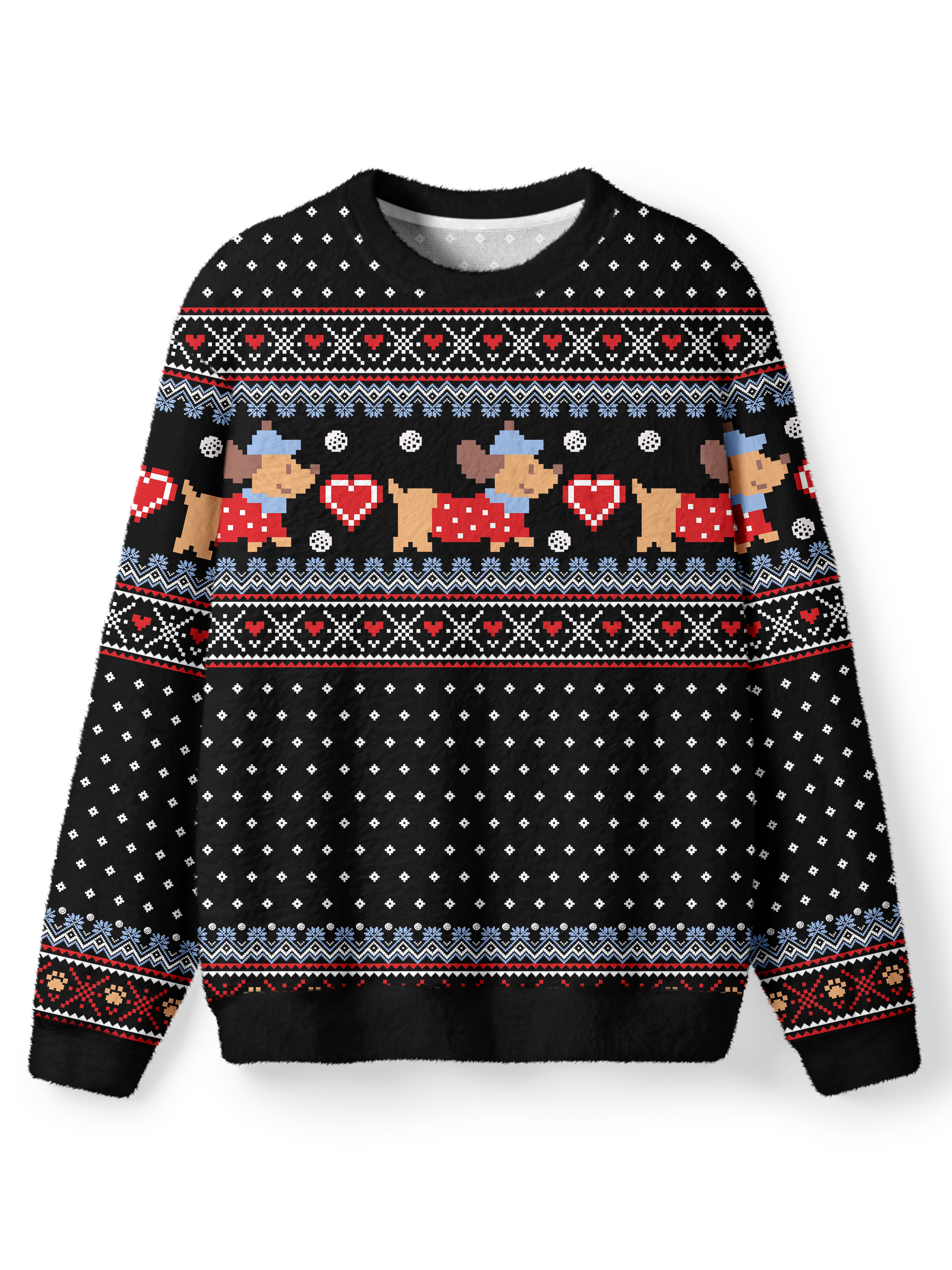 Cherryswing Women's Pixel Dog and Heart Nordic Fuzzy Crew Neck Sweater