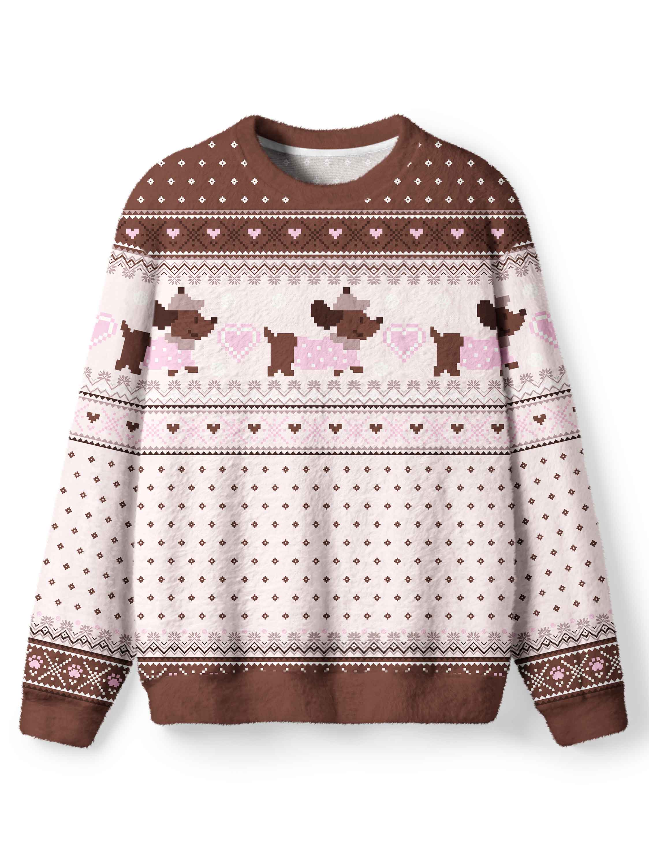 Cherryswing Women's Pixel Dog and Heart Nordic Fuzzy Crew Neck Sweater