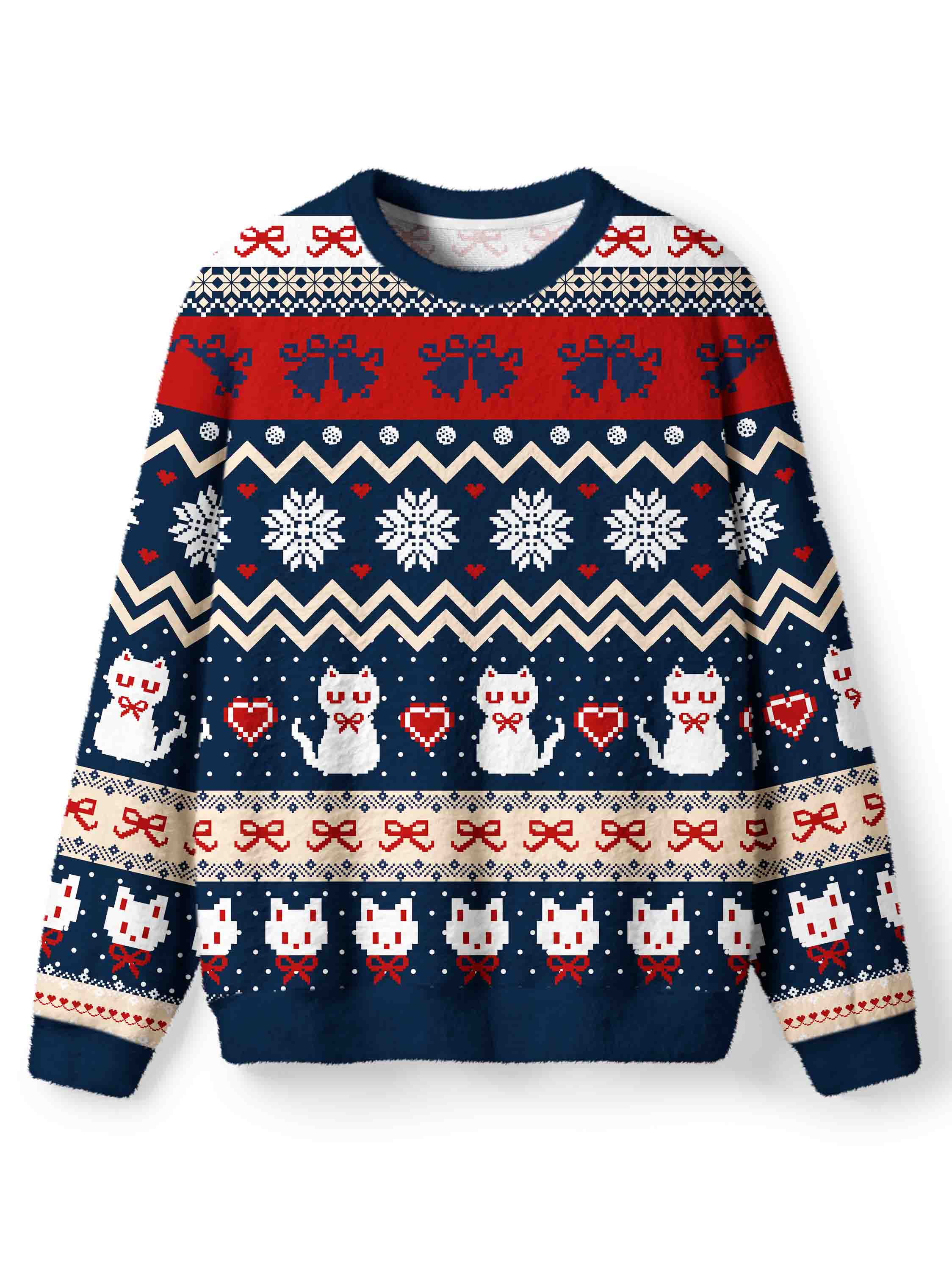 Cherryswing Women's Pixel Cat and Snowflake Nordic Fuzzy Crew Neck Sweater