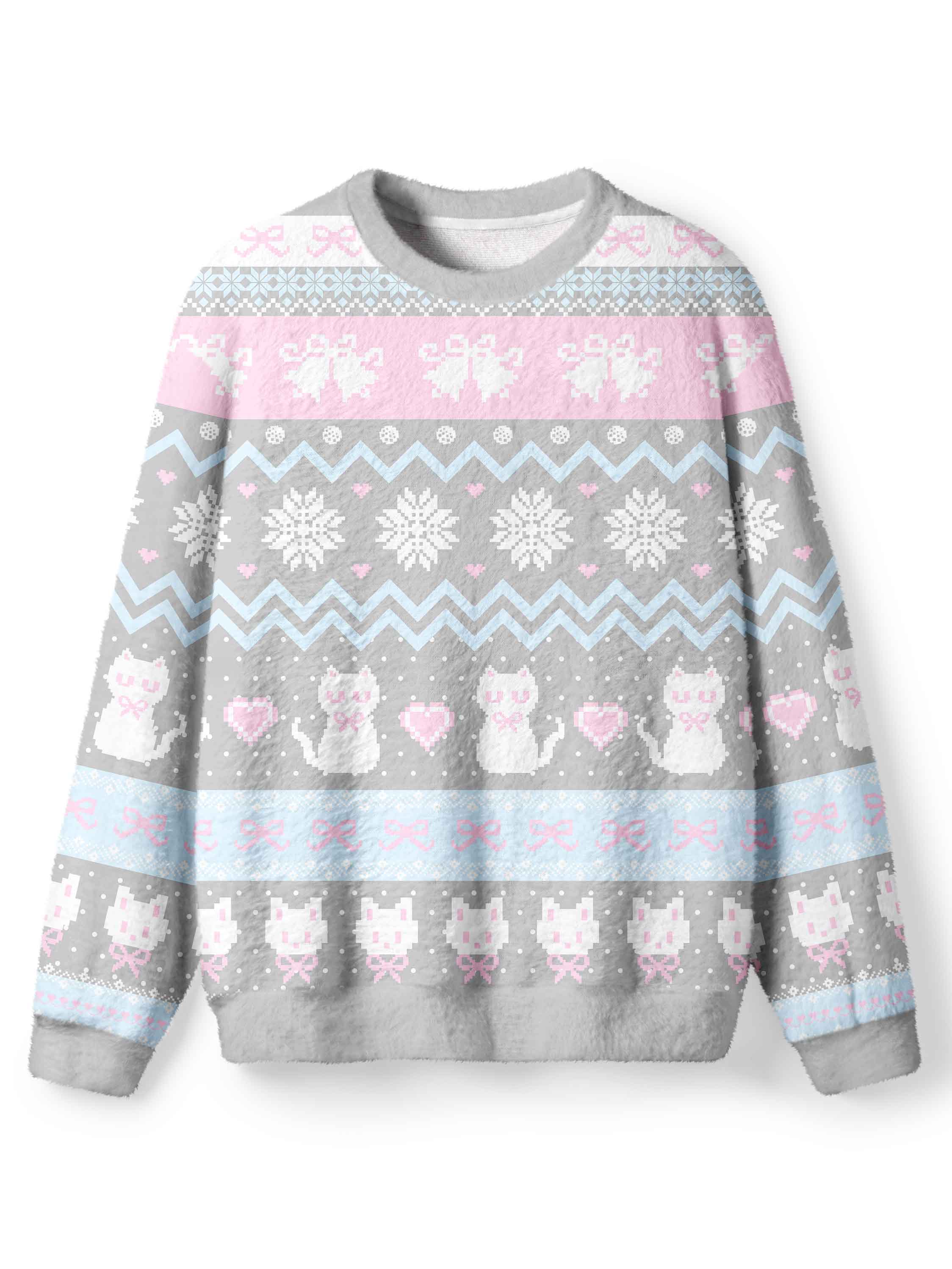 Cherryswing Women's Pixel Cat and Snowflake Nordic Fuzzy Crew Neck Sweater
