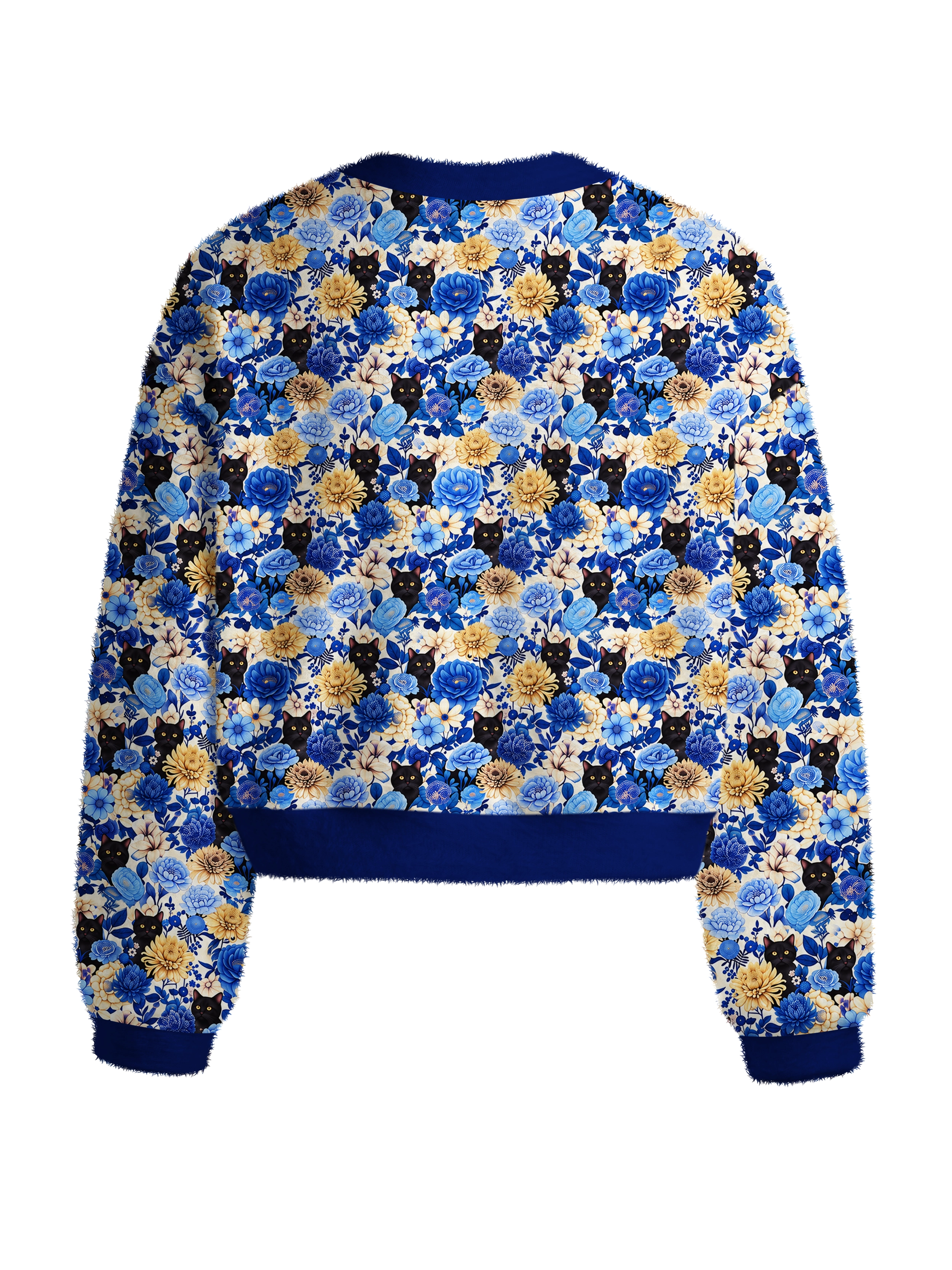 Cherryswing Women's Midnight Floral & Cat Fuzzy Knit Crew Neck Sweater