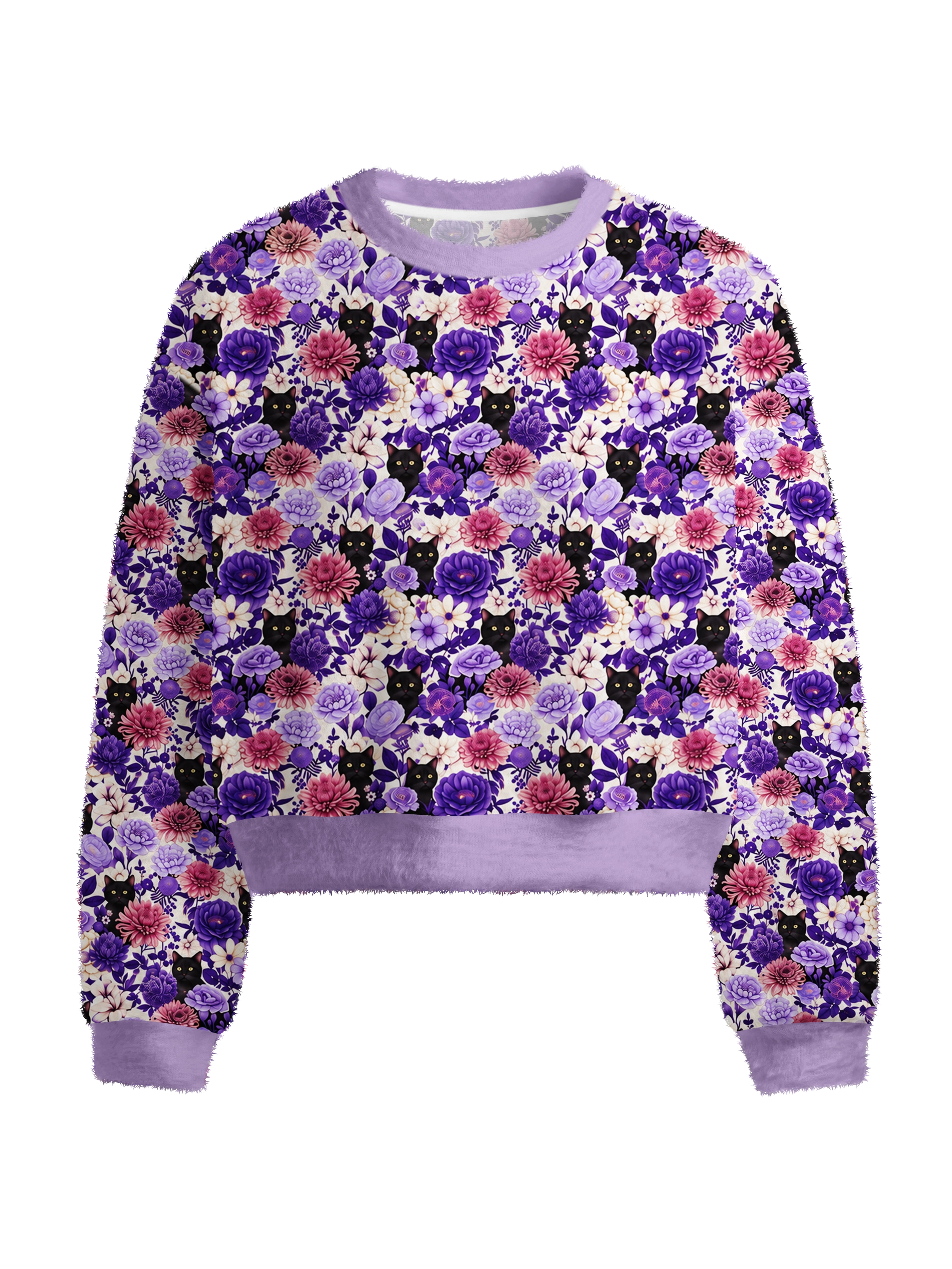 Cherryswing Women's Midnight Floral & Cat Fuzzy Knit Crew Neck Sweater