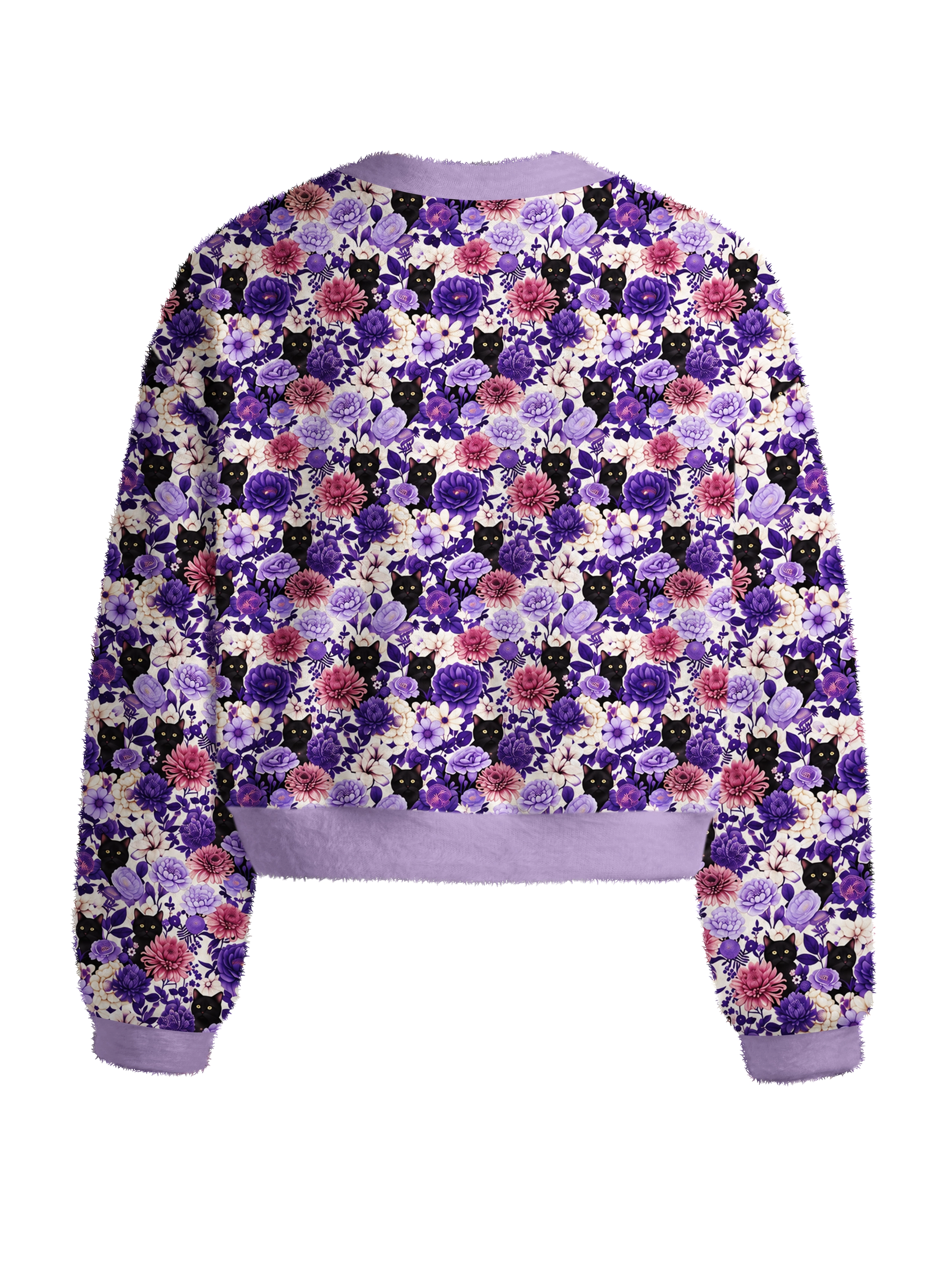 Cherryswing Women's Midnight Floral & Cat Fuzzy Knit Crew Neck Sweater